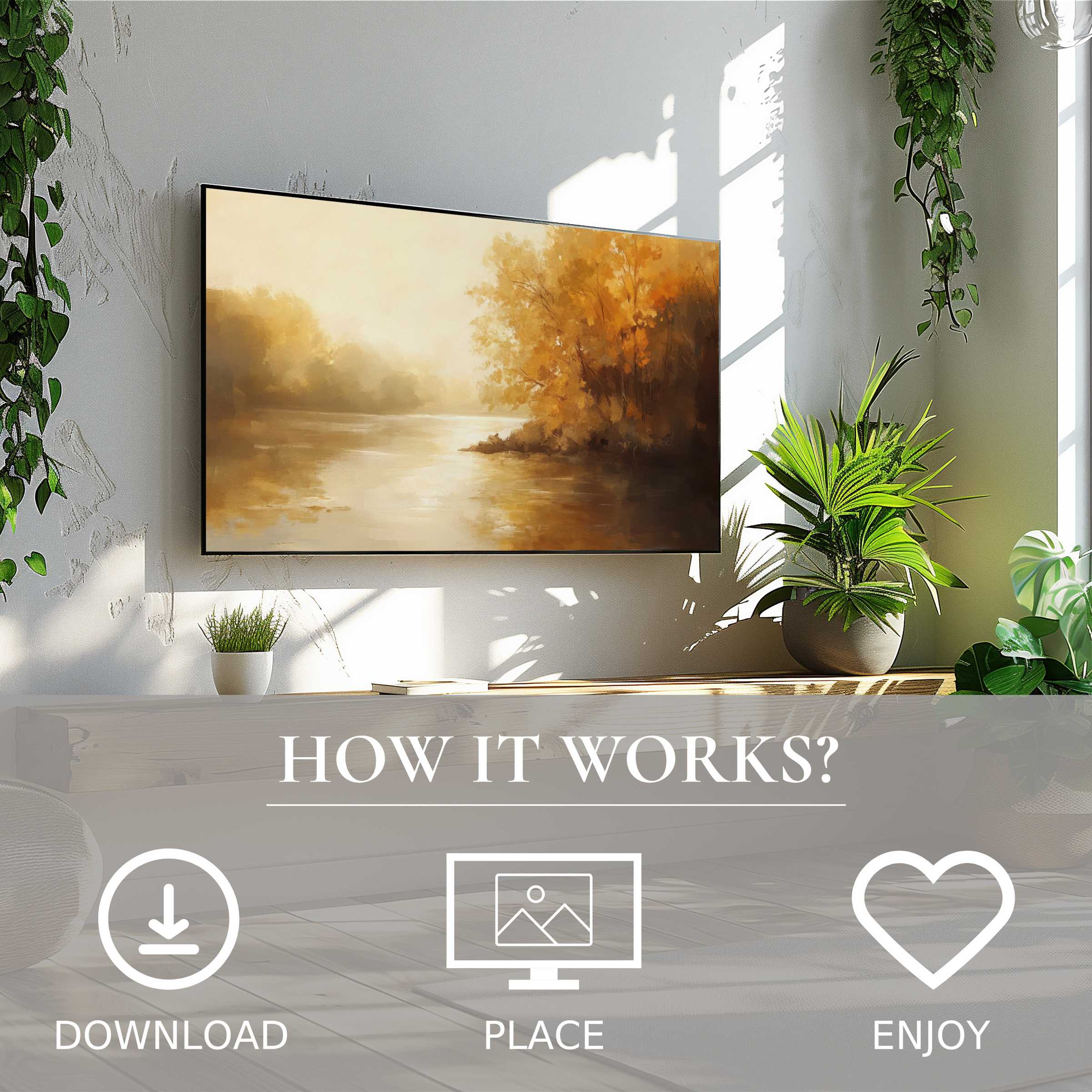 Landscape art for Samsung TV with warm autumn tones, easy digital download, enhances stylish, bright living spaces