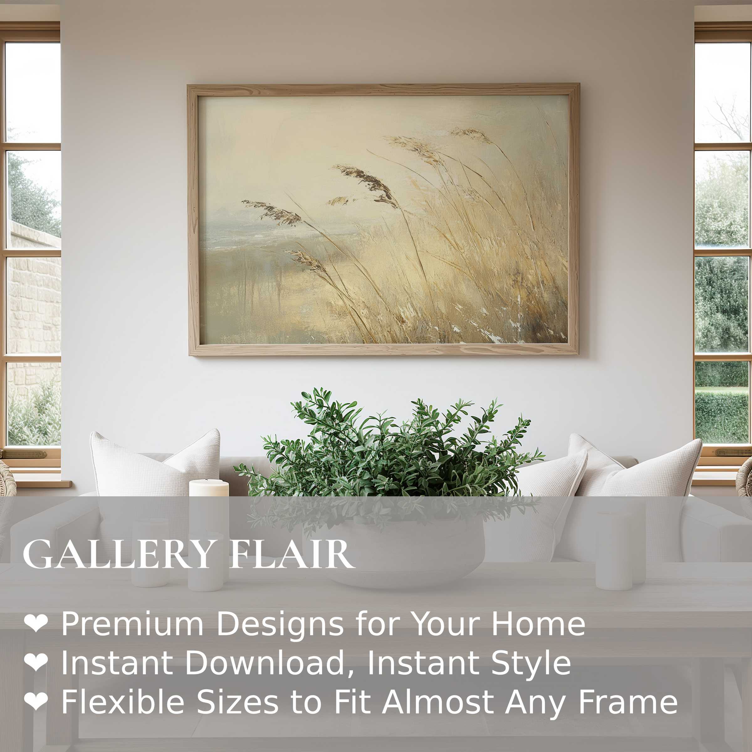 Soft, calming beach wall art print capturing windswept coastal grasses with muted earth tones, enhancing modern minimalist interiors