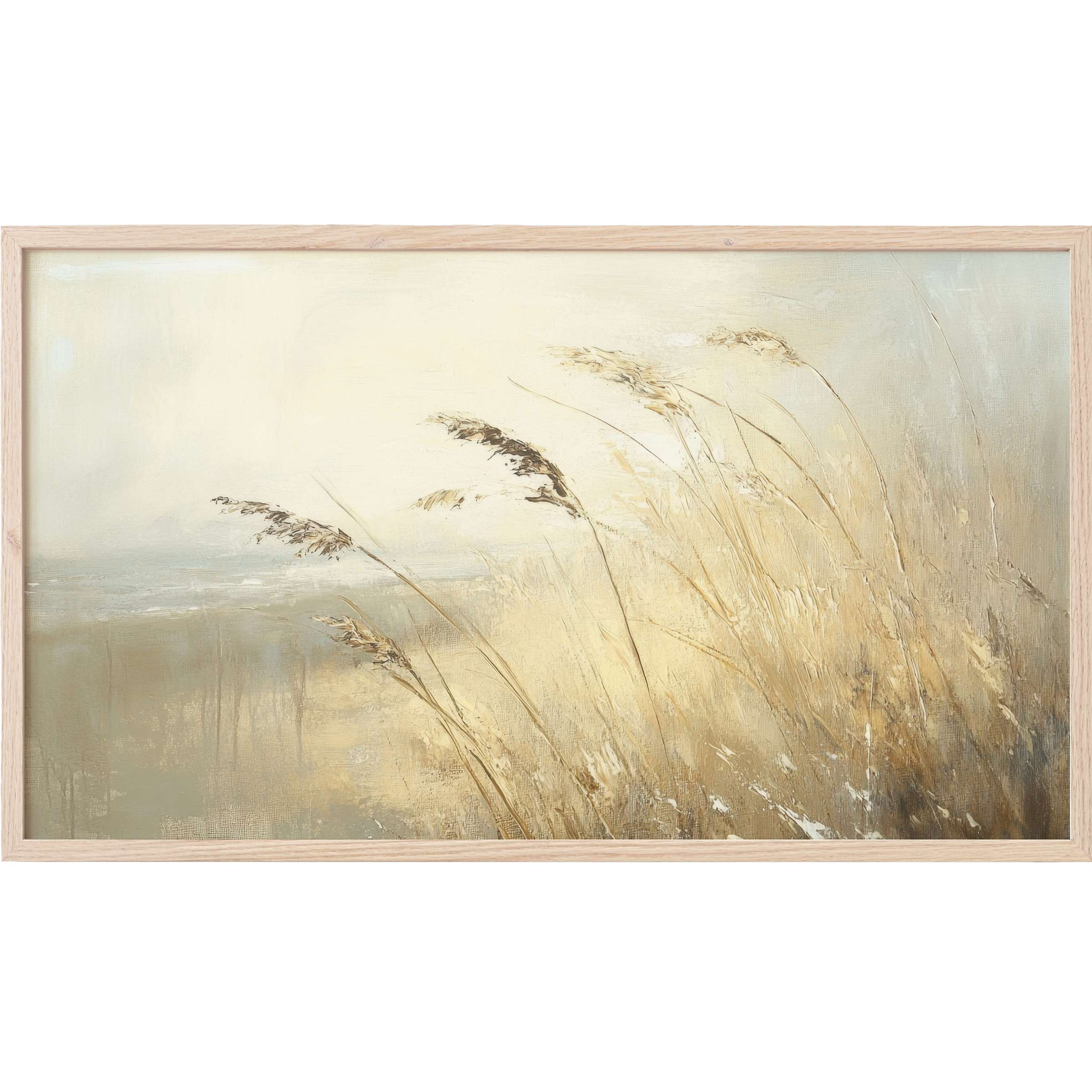 Soft, muted seascape with delicate grasses in beige and gray tones, an elegant beach Frame TV Art piece