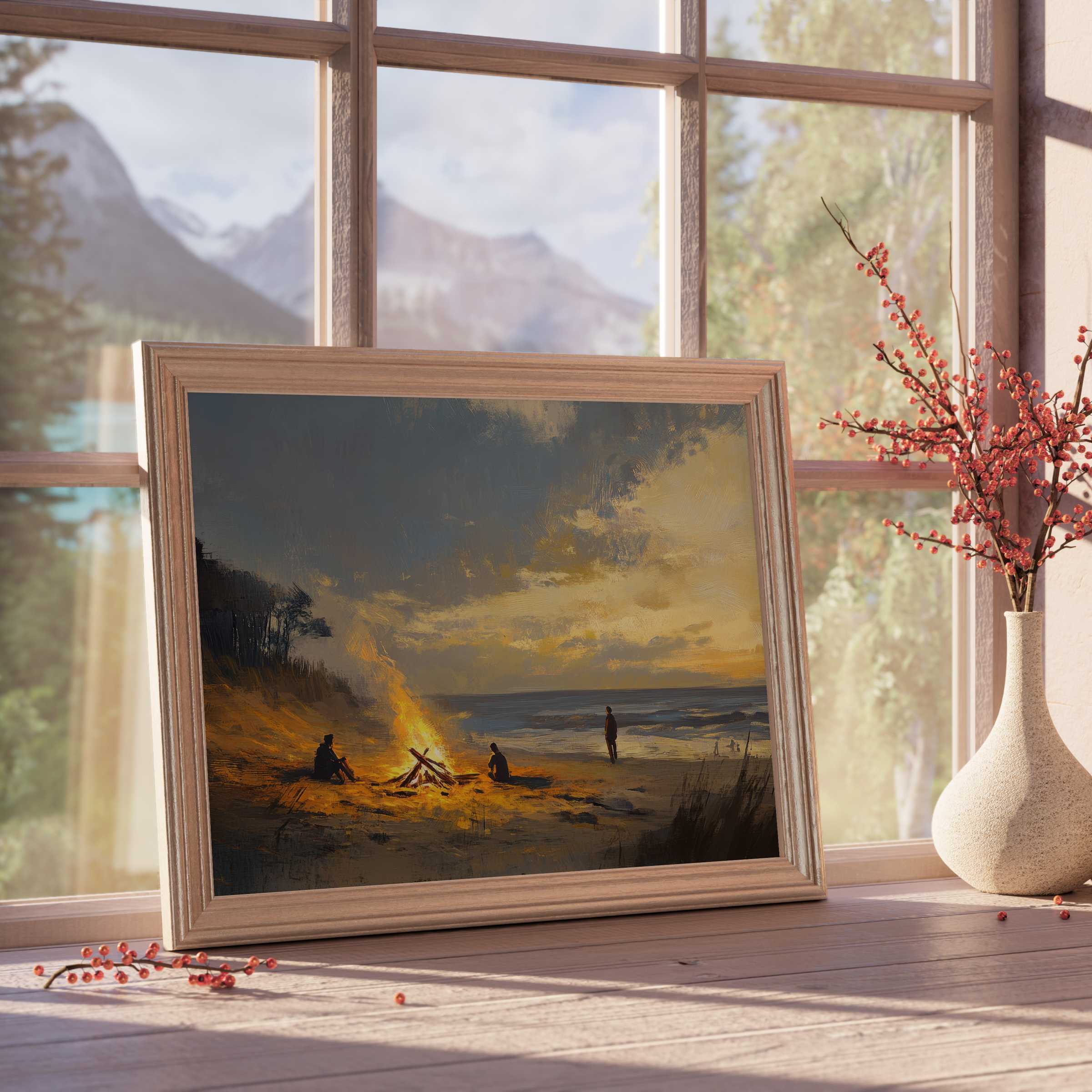 Coastal downloadable art capturing a warm bonfire glow by the sea, enriching serene, curated modern interiors
