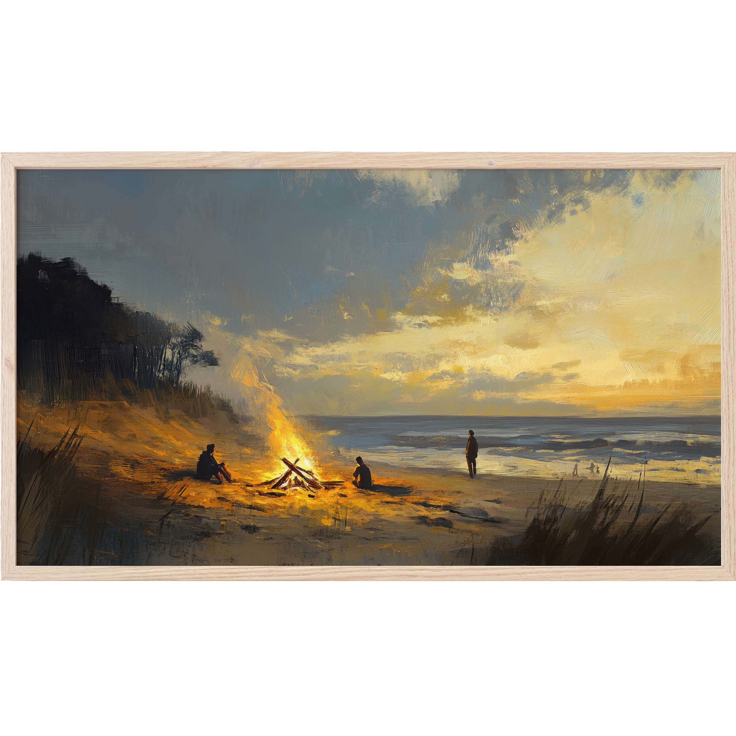 Coastal Frame TV Art depicting a tranquil beach bonfire at twilight in moody blues and warm amber hues