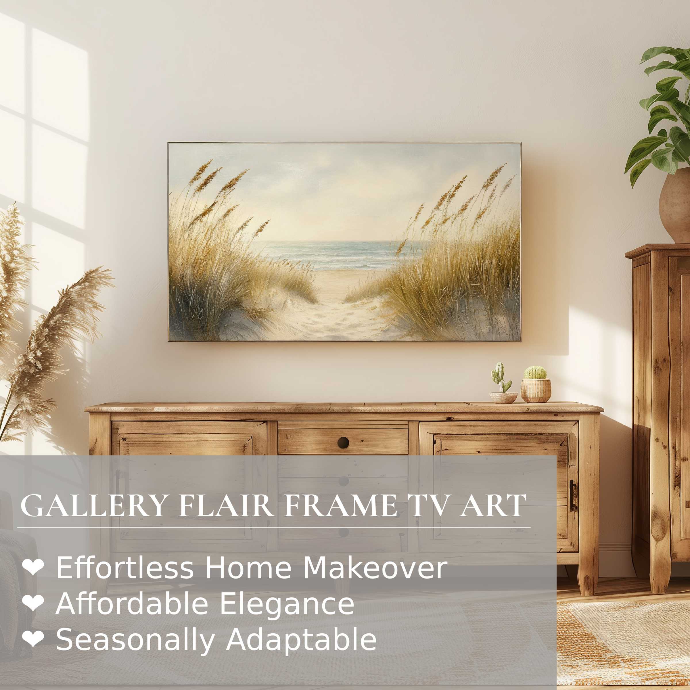 Elegant summer digital artwork of a serene beach scene on Samsung Frame TV in a warm, modern living space