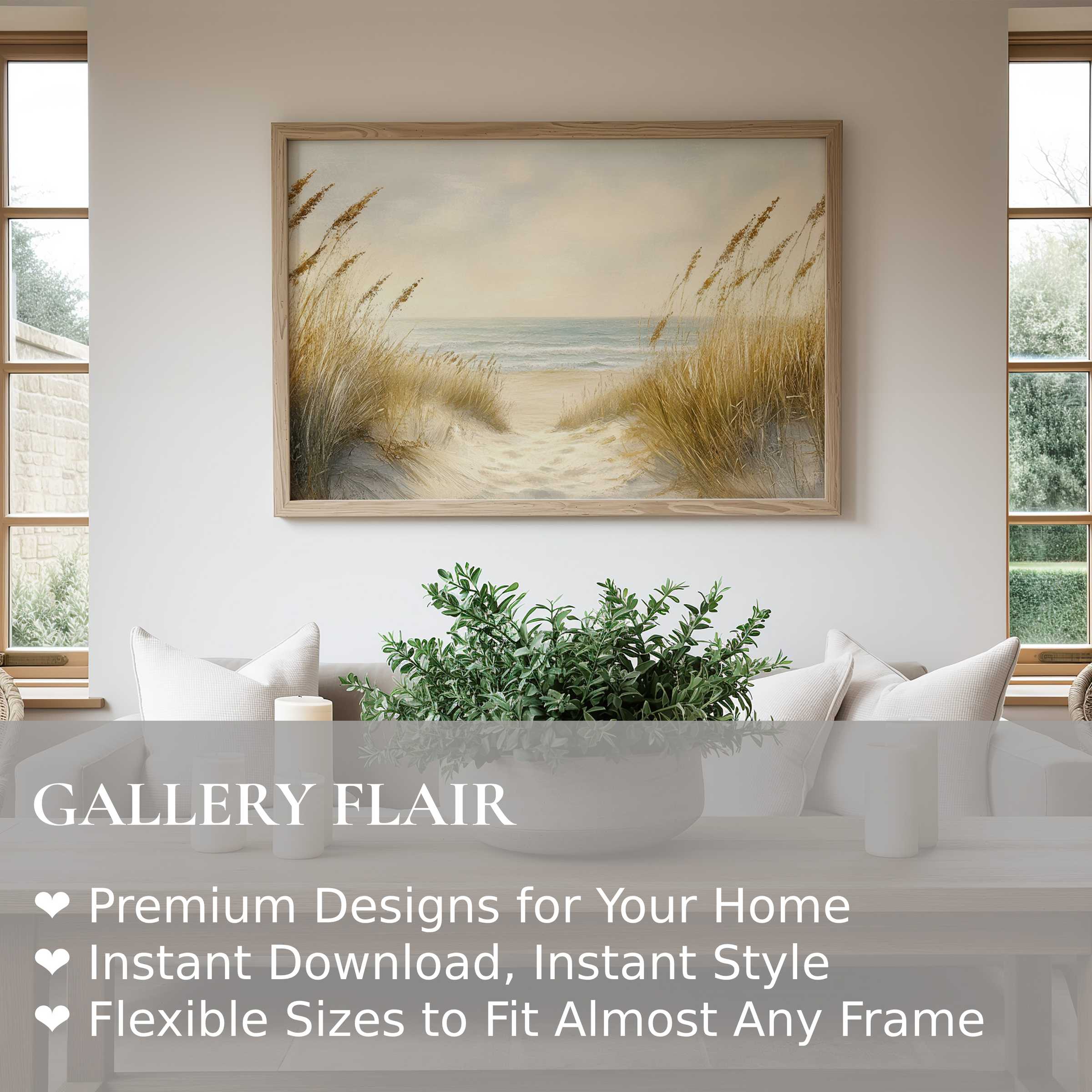 Summer wall art print featuring a serene beach path with golden dunes, evoking calm elegance in modern coastal interiors