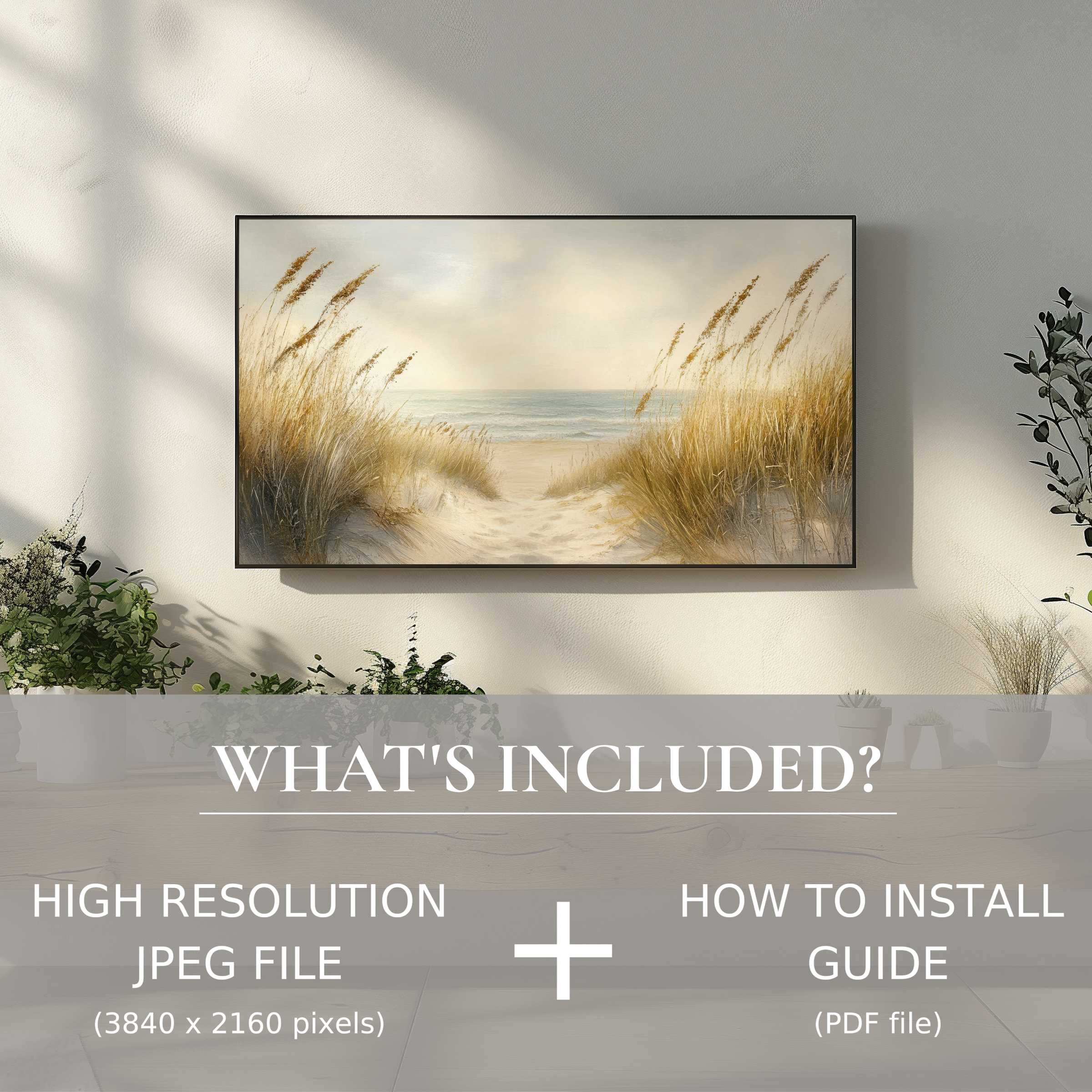 Elegant summer digital TV art download shows serene beach scene, enhancing modern living spaces with easy digital use