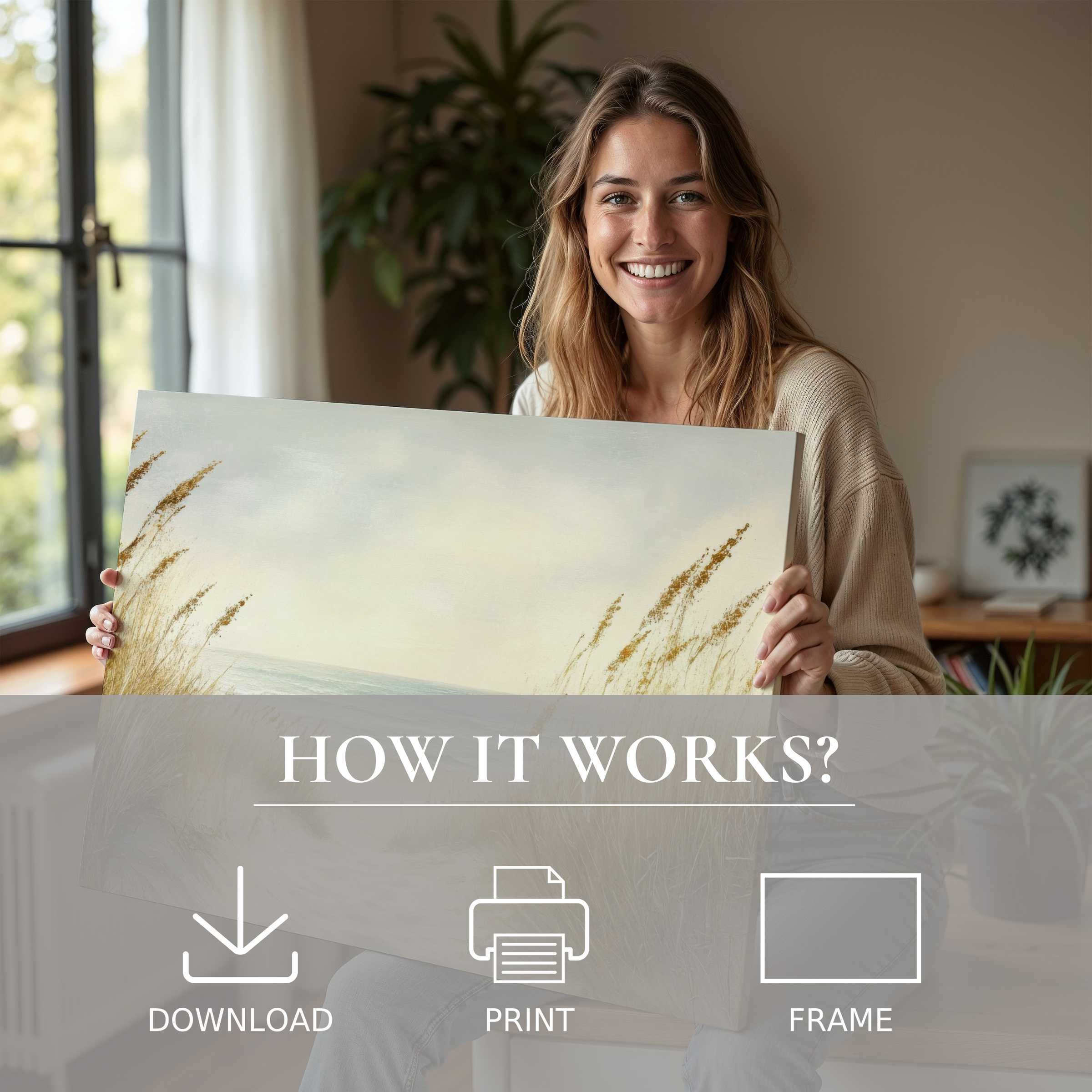 Radiant joy in a serene modern home, embracing the effortless beauty of a summer digital art print’s warm, tranquil hues