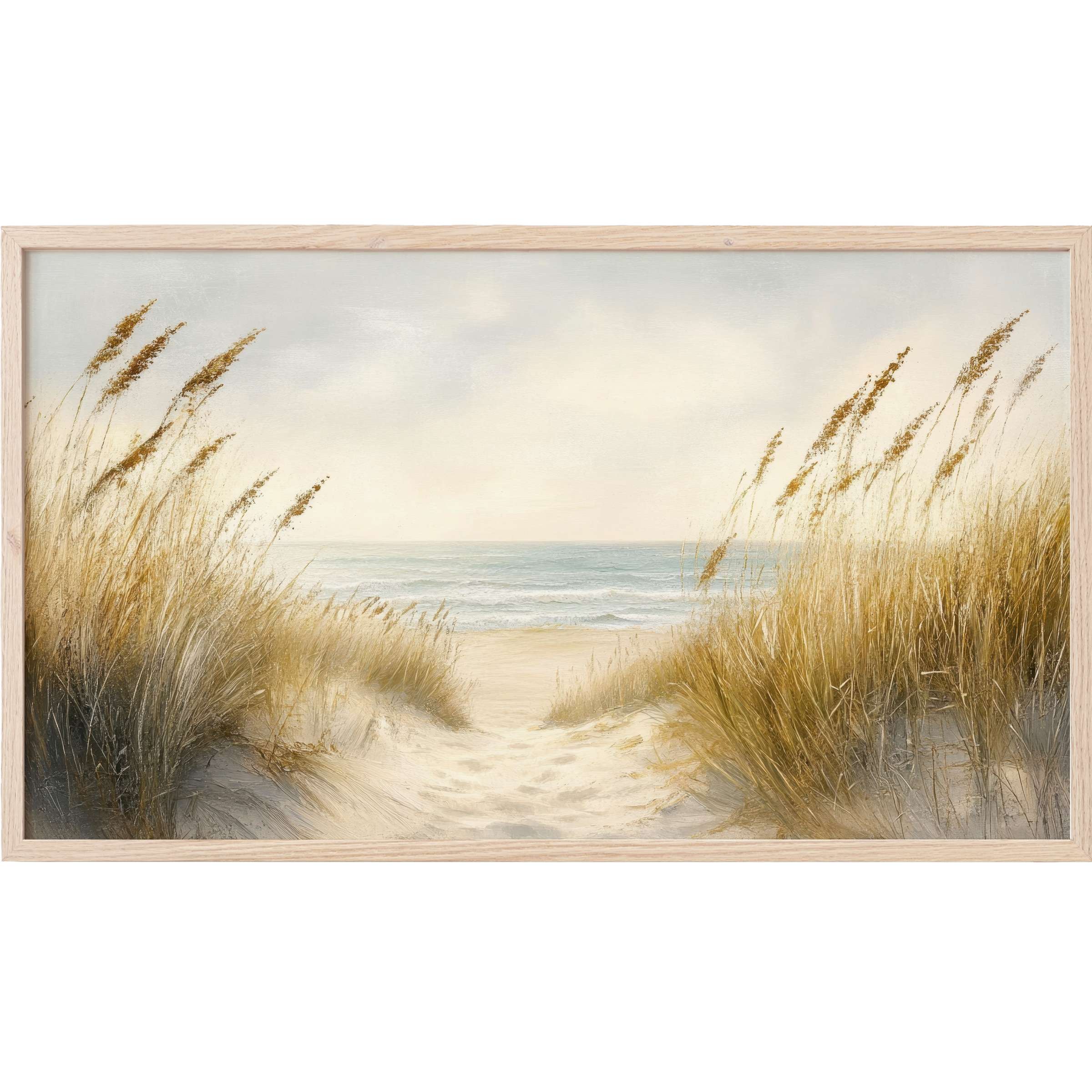 Summer Frame TV Art with soft sandy dunes, golden grasses, and a tranquil blue-grey seascape, elegant coastal vibe
