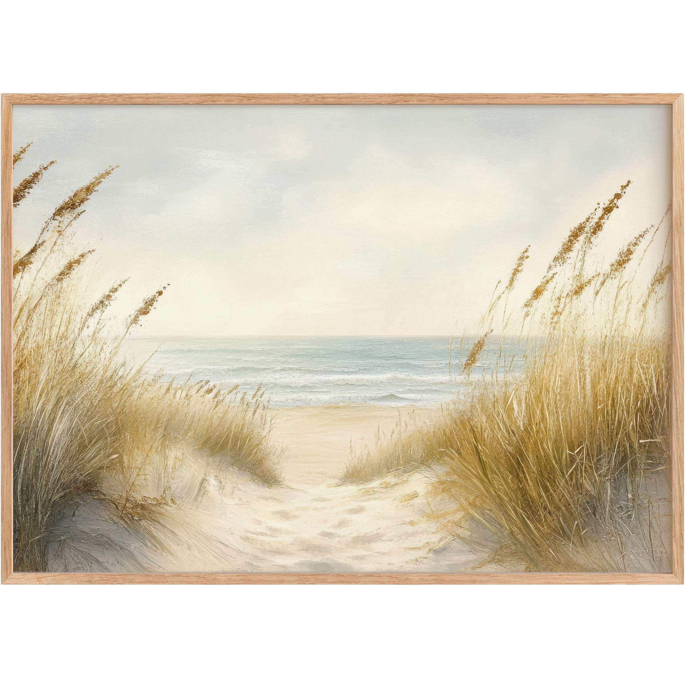 Summer printable wall art capturing a serene beach path with golden grasses and soft blue waves, evoking calm and timeless elegance