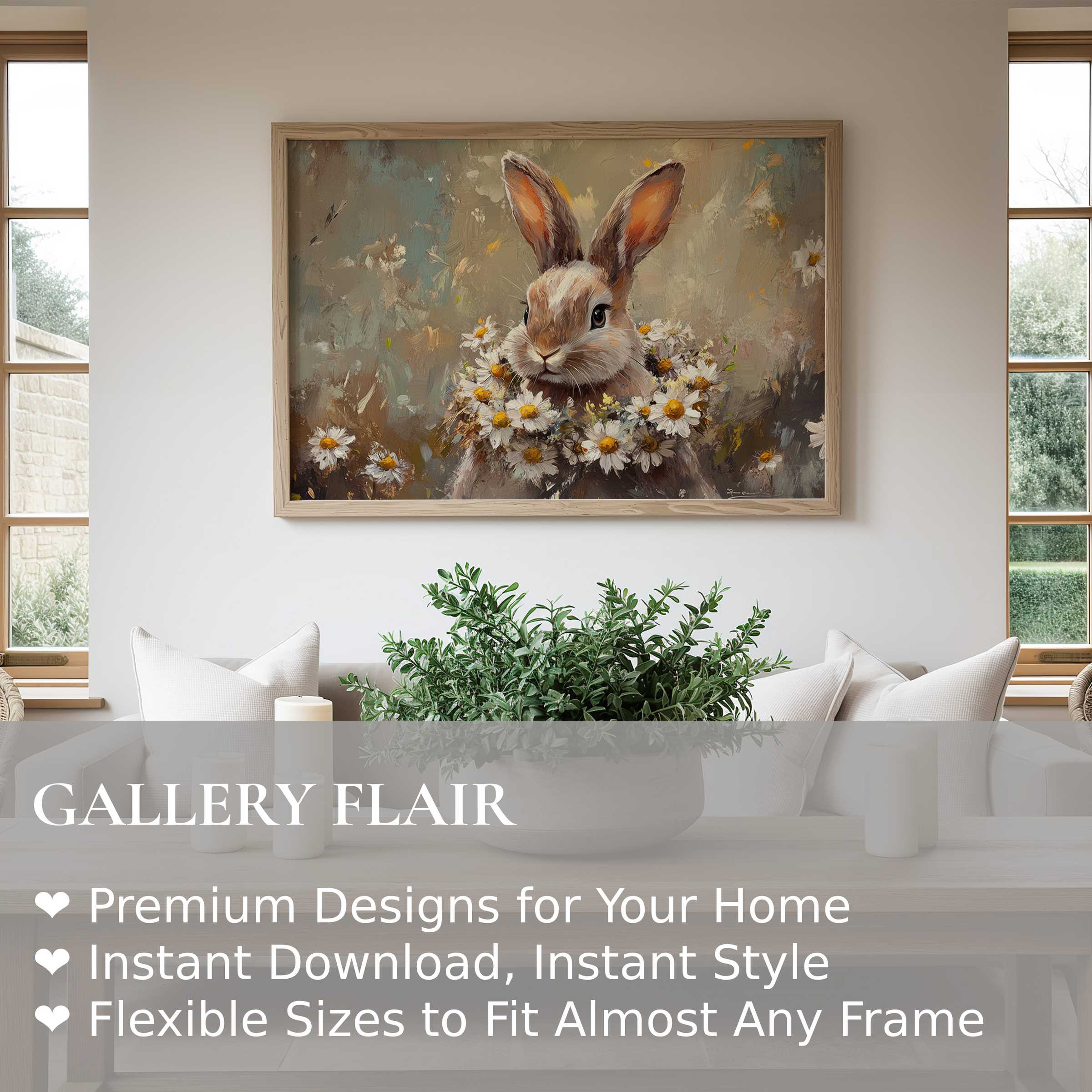 Easter wall art print featuring a radiant rabbit adorned with daisies, enhancing modern farmhouse interiors with charm and warmth
