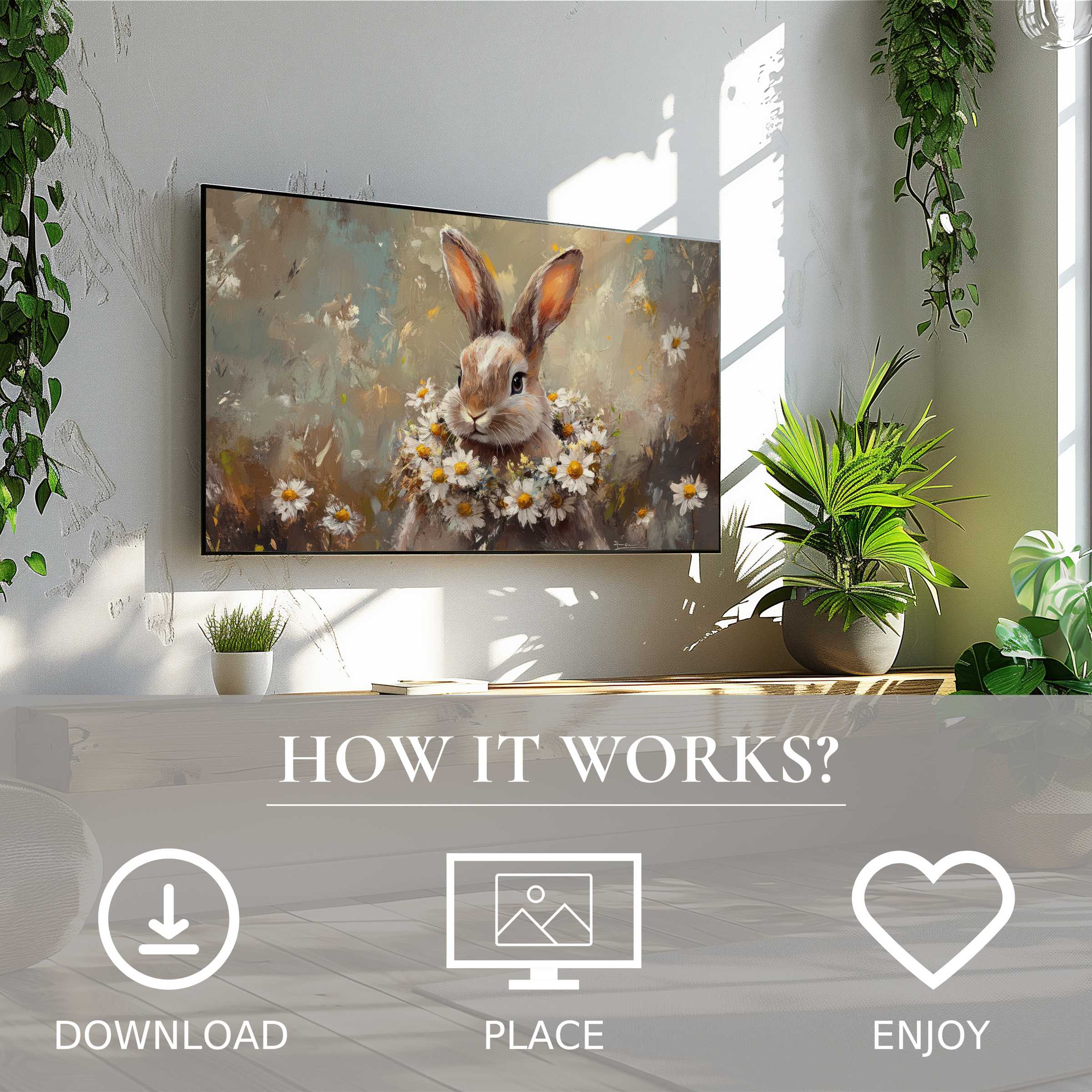 Modern living room with easter art for Samsung TV, featuring soft earthy tones and floral bunny motif, easy digital download