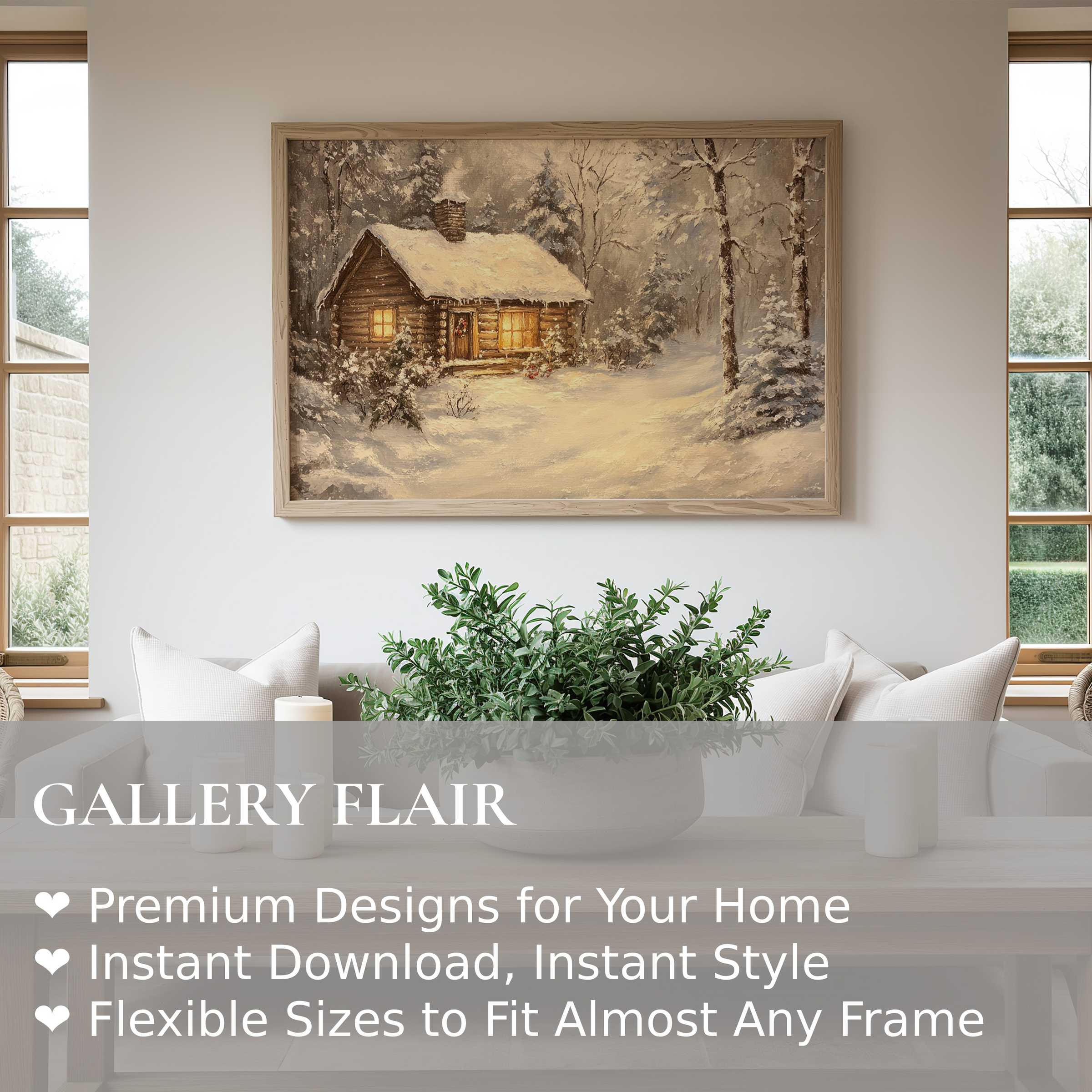 Christmas wall art print featuring a cozy snow-covered cabin radiating warmth and charm within a serene, modern living room Elegant holiday decor elevating rustic, farmhouse interiors with soft, ambient winter glow