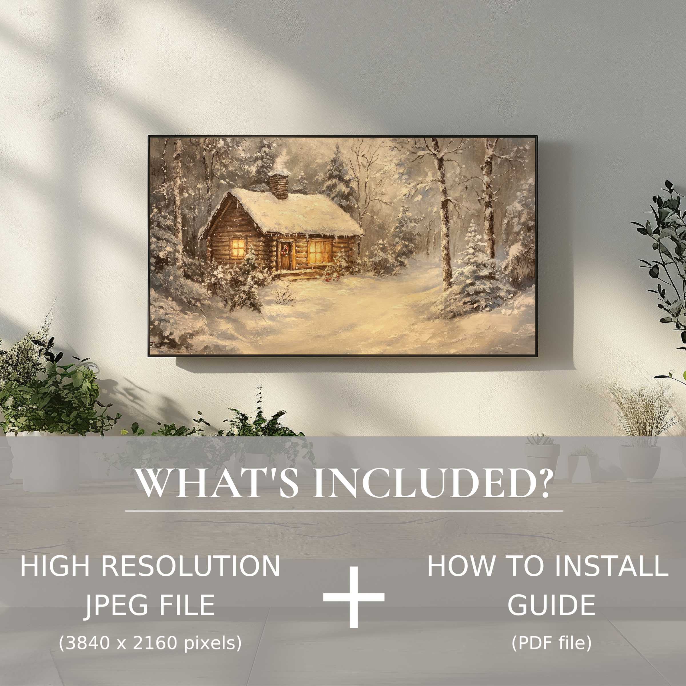Elegant christmas digital TV art download featuring cozy winter scene, easy digital use enhancing living space ambiance