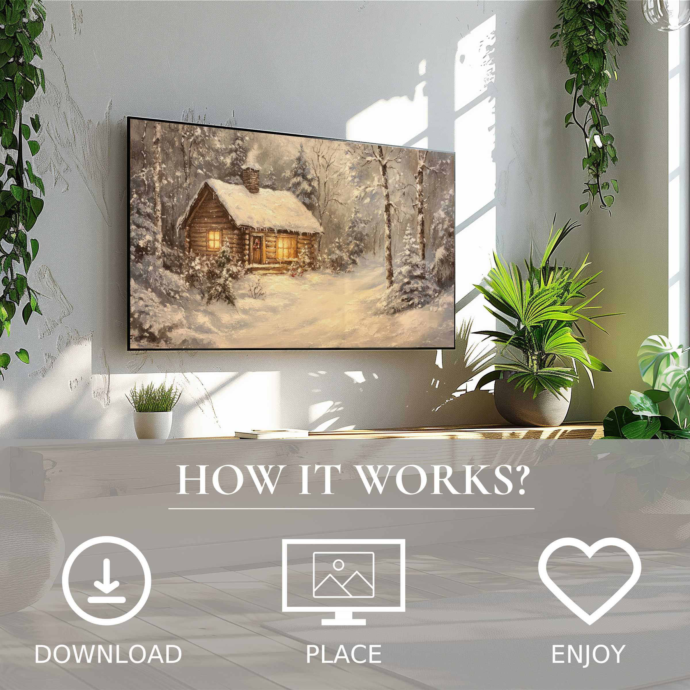 Cozy winter cabin motif in soft neutral tones on a Frame TV; simple digital download, christmas art for Samsung TV
