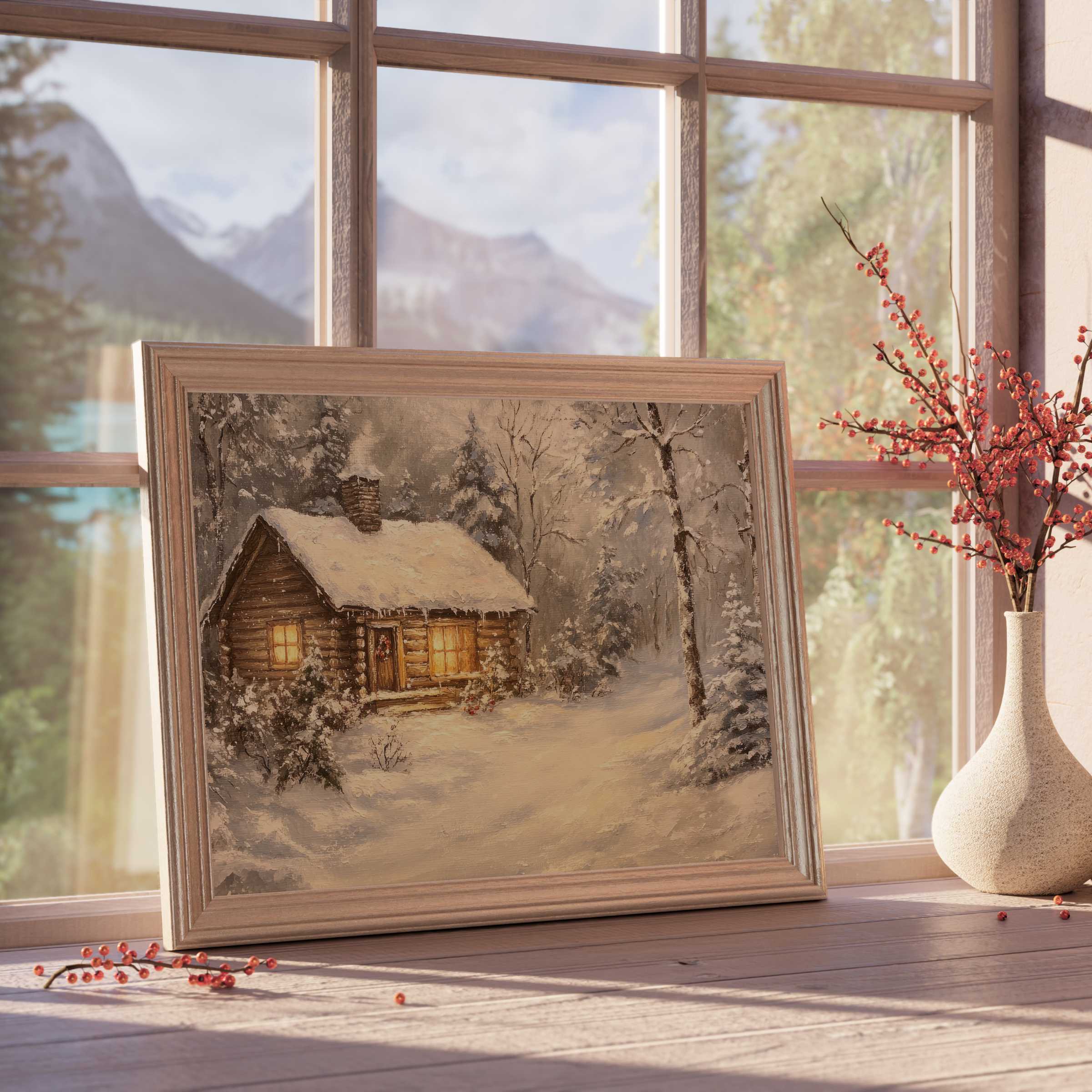 Cozy Christmas downloadable art showcasing a warmly lit cabin amid serene snow, perfect for elegant seasonal decor