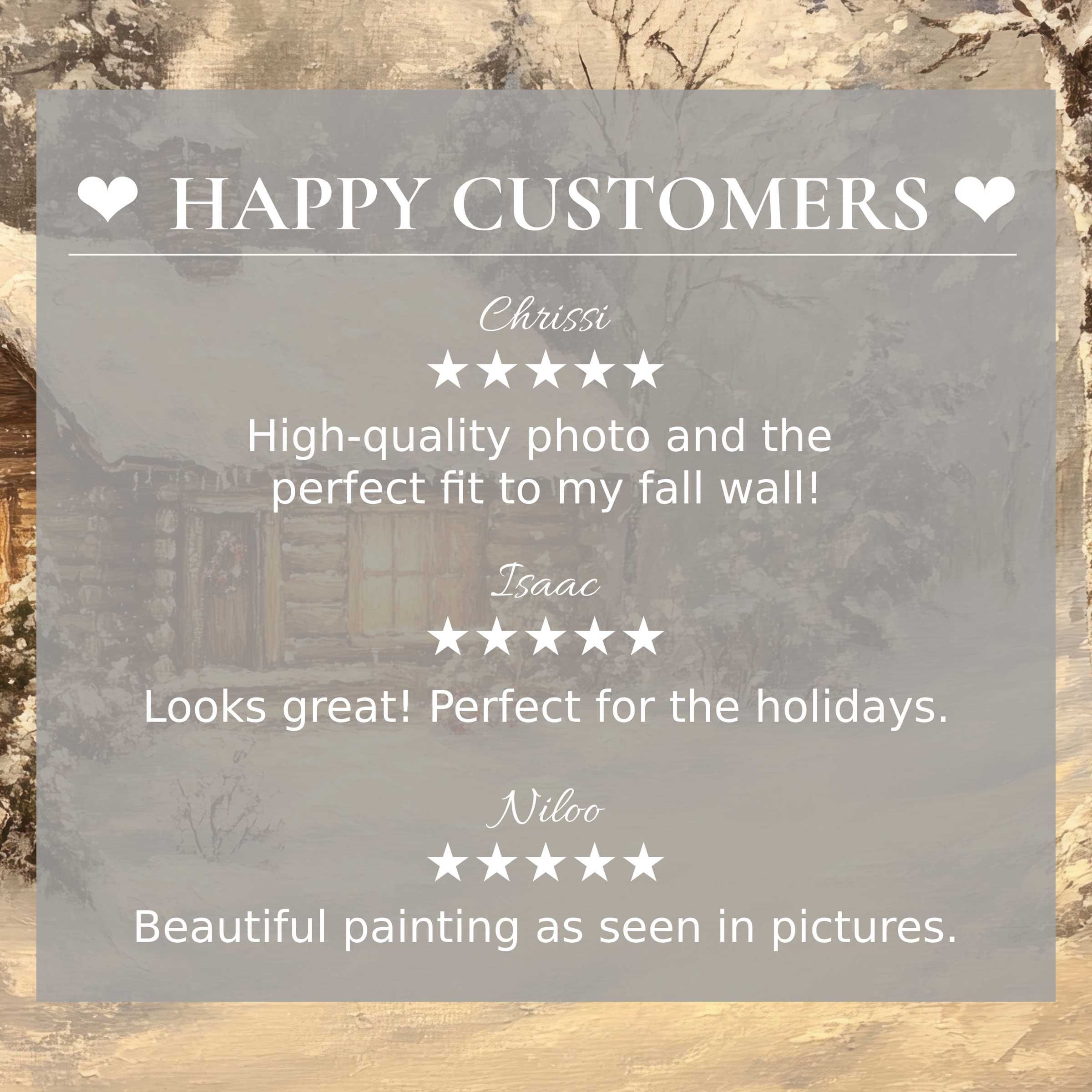 christmas art for Frame TV with abstract sunset hues; layout highlights happy customer reviews and elegant design