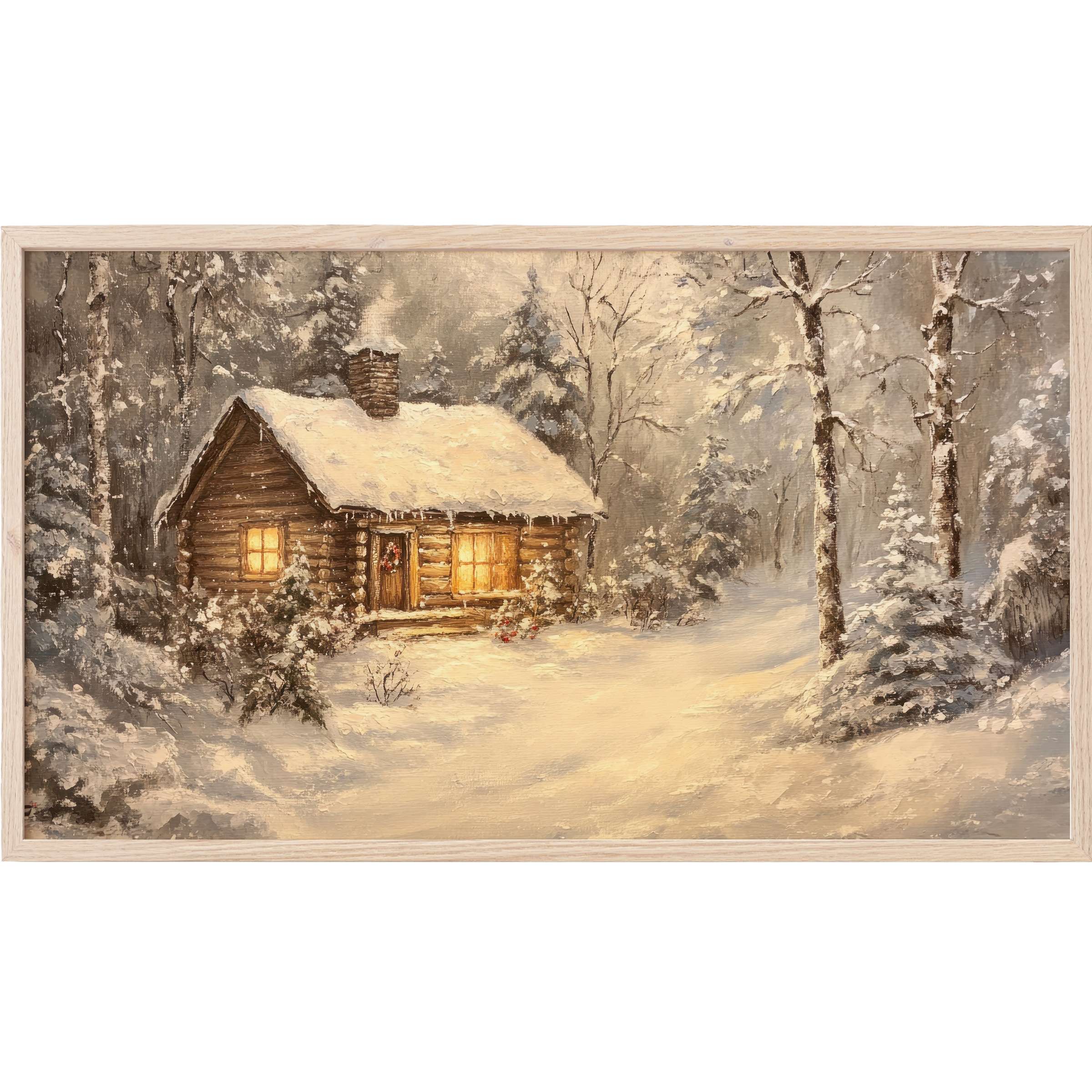 Cozy snow-covered cabin glows warmly in muted winter tones, an elegant christmas Frame TV Art for stylish homes