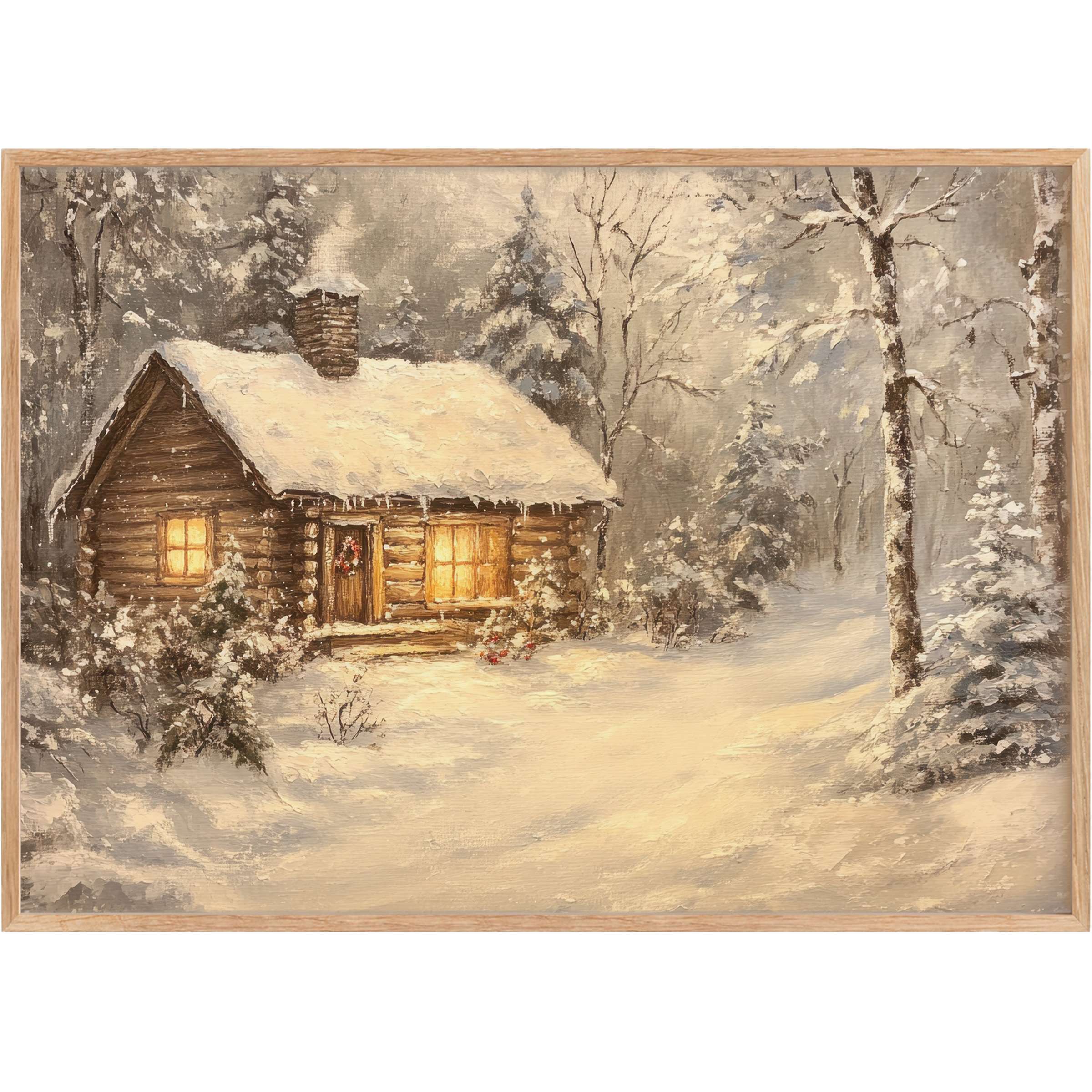 Rustic log cabin aglow with warm light amidst serene snow-clad trees, evoking cozy calm in Christmas printable wall art