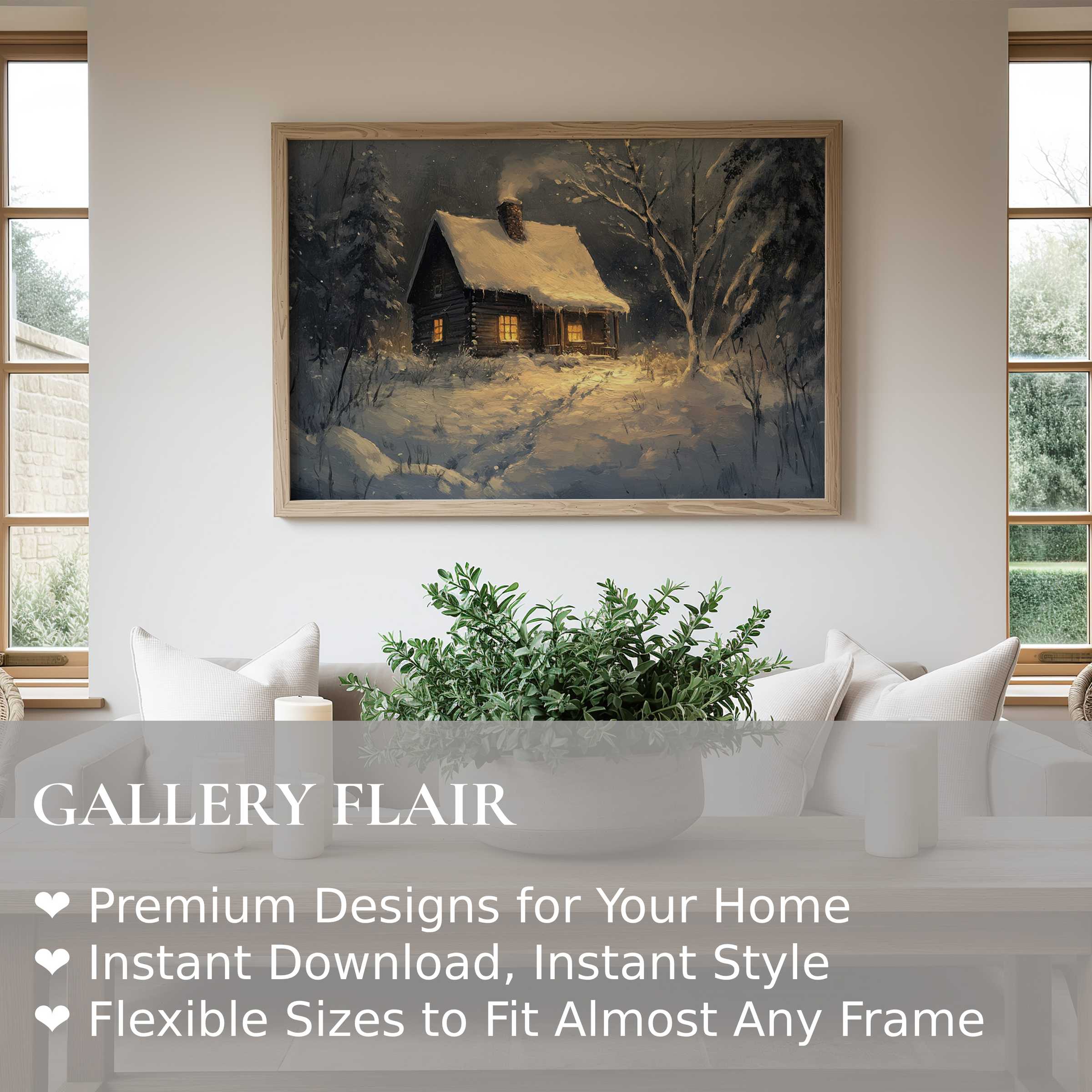Winter wall art print featuring a serene snow-covered cabin aglow with warm light, elevating modern minimalist interiors with cozy elegance