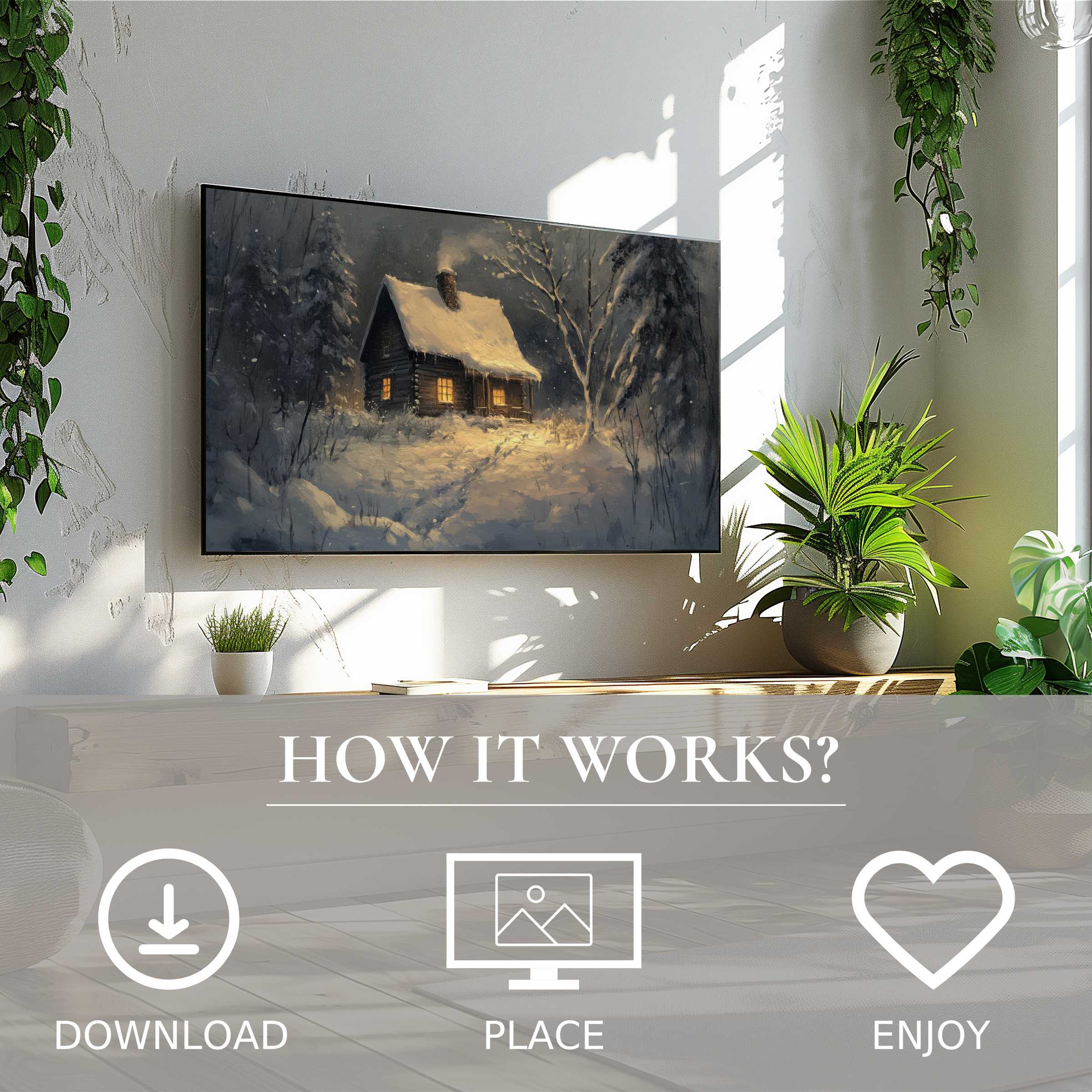Winter art for Samsung TV shows a cozy snow-covered cabin in soft warm light, easy digital download enriches space