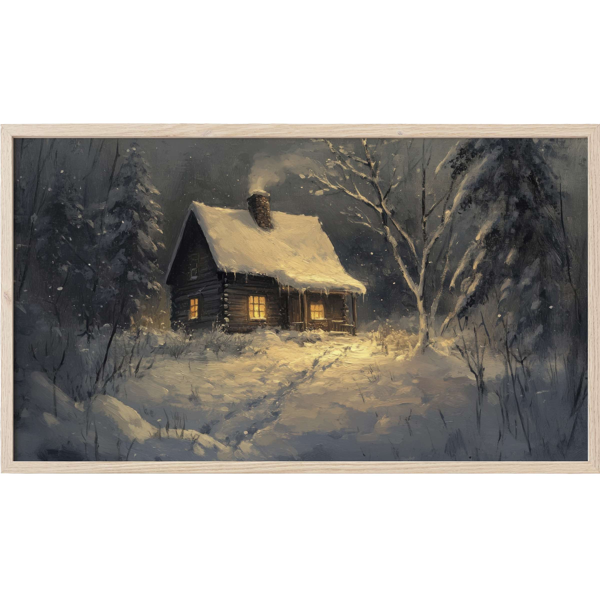 Winter Frame TV Art: cozy cabin illuminated warmly amid snow-laden trees, in soft, muted grays and golden hues