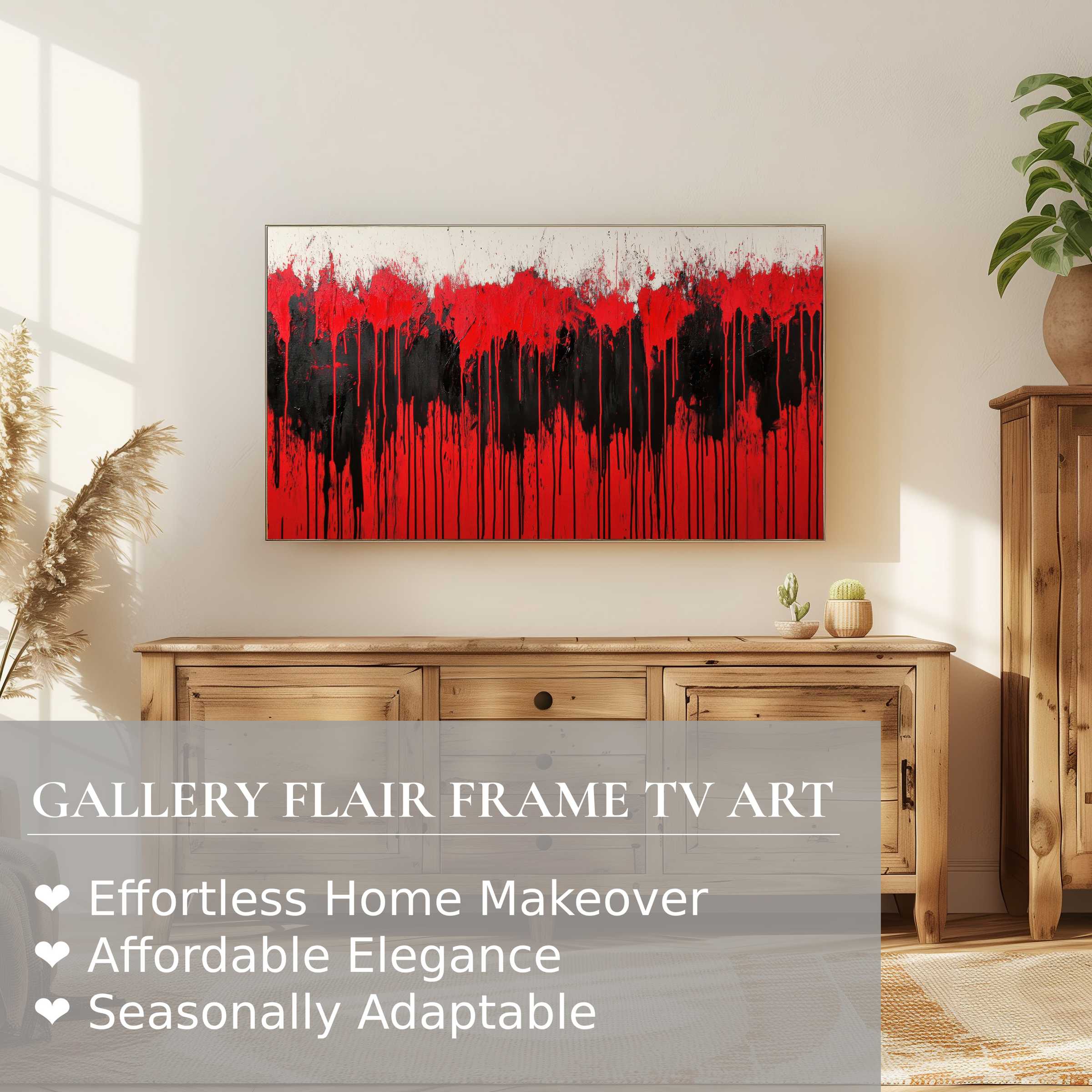 Samsung Frame TV showcasing bold red and black modern digital artwork in a warm, elegant living room setting