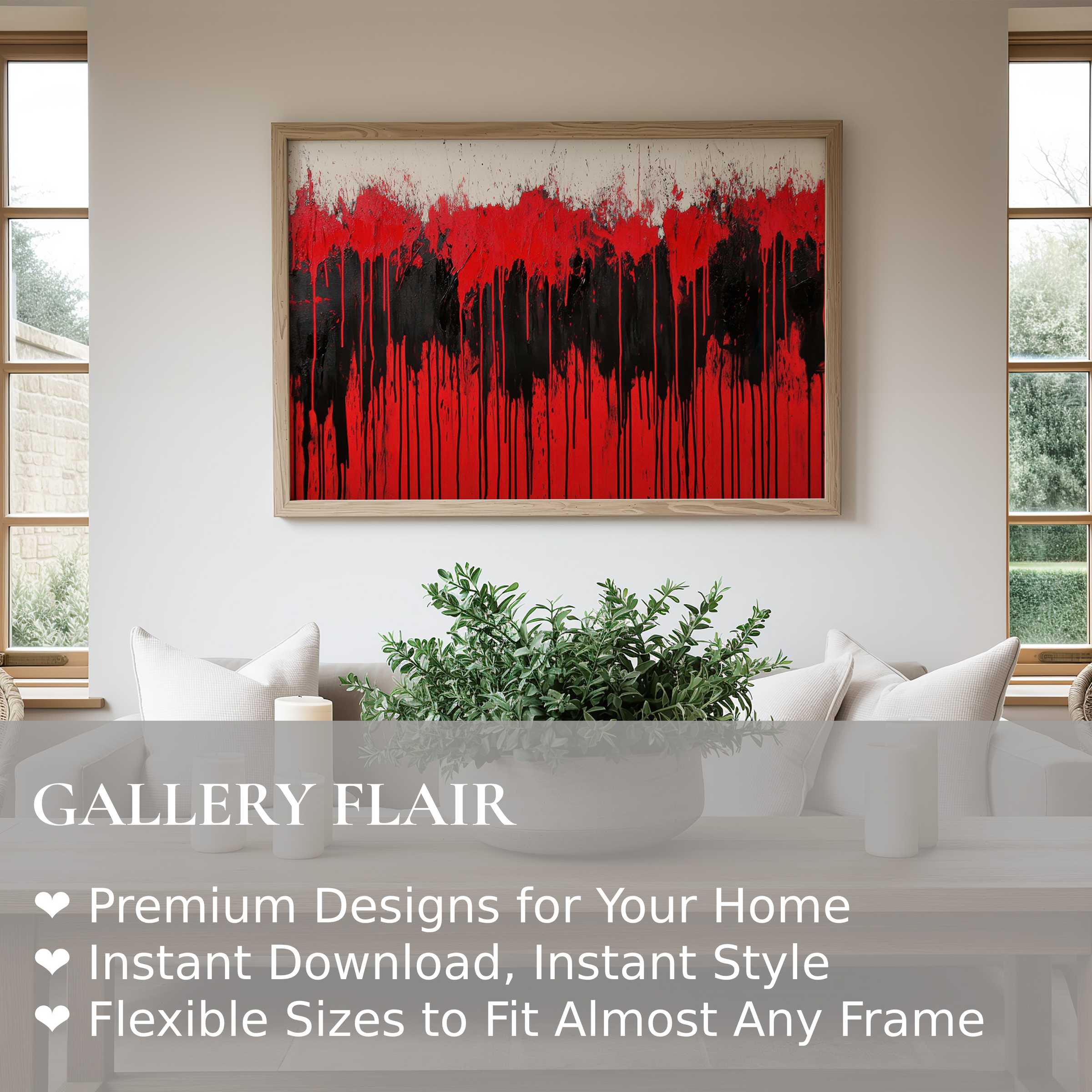 Bold modern wall art print with vibrant red and black abstract drips, enhancing minimalist interiors with dynamic, edgy elegance