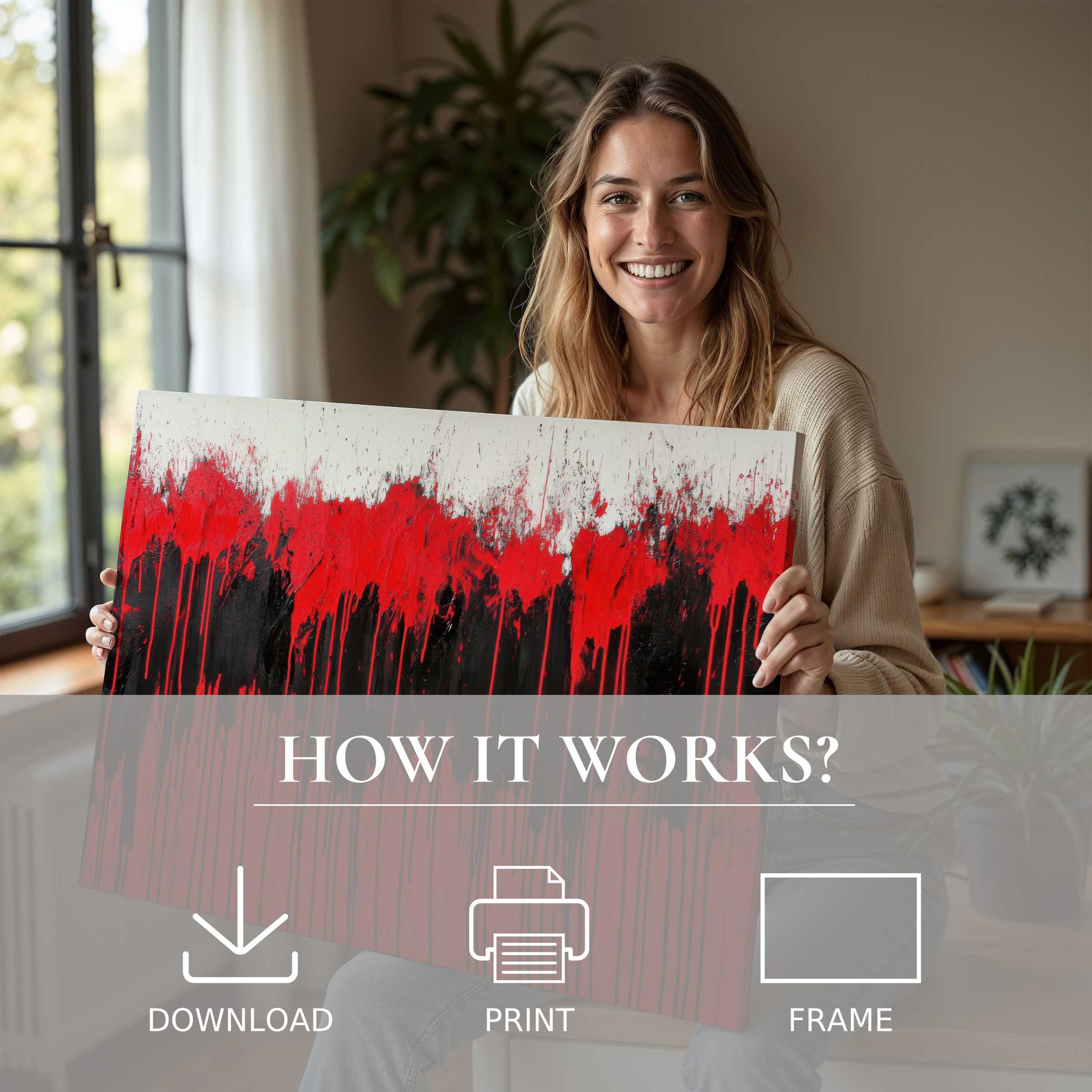 A joyful moment of connection as a woman embraces a bold modern digital art print, enriching her stylish home with vibrant red and black tones