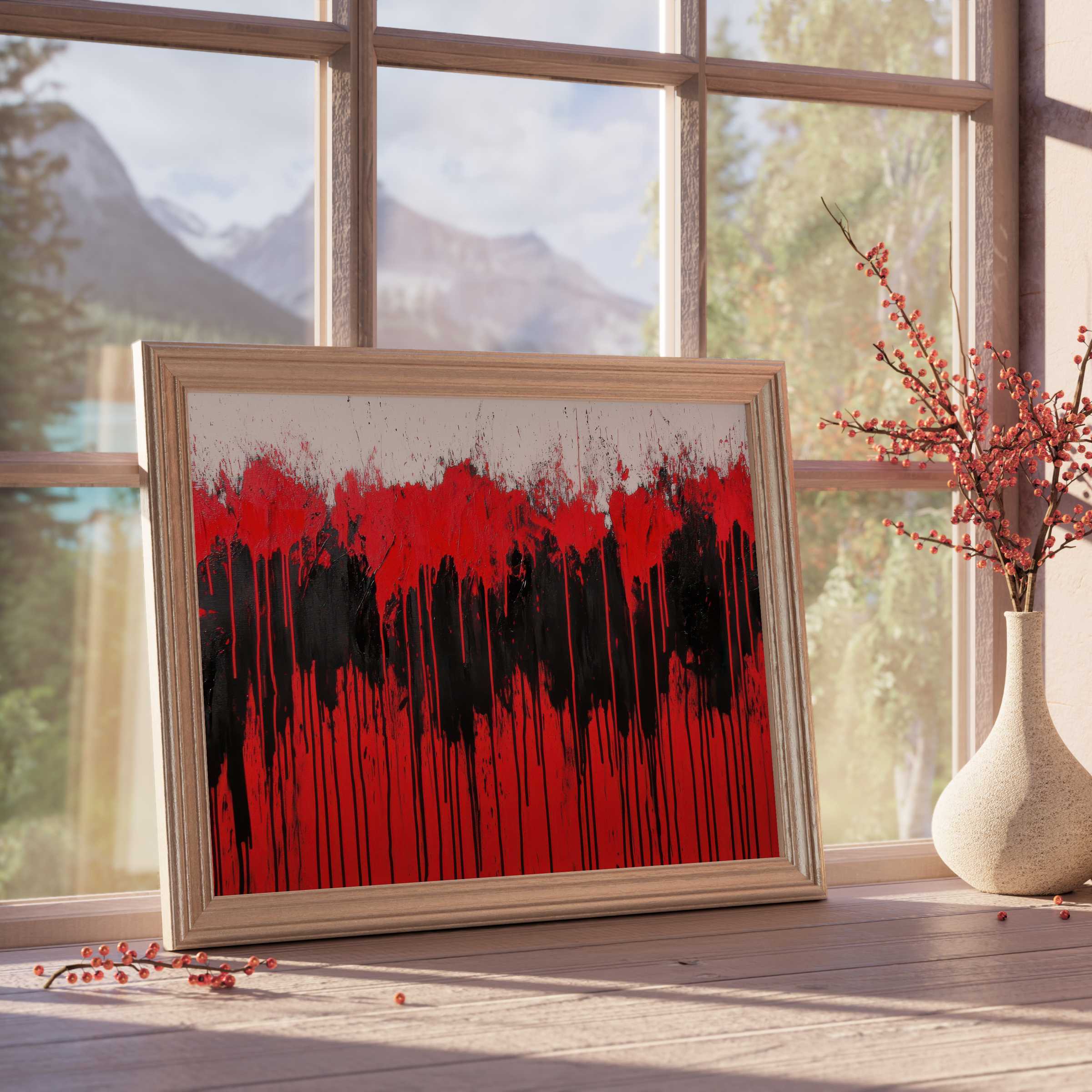 Modern downloadable art with bold red and black drips, enriching curated, tranquil interiors with dynamic, design-forward elegance