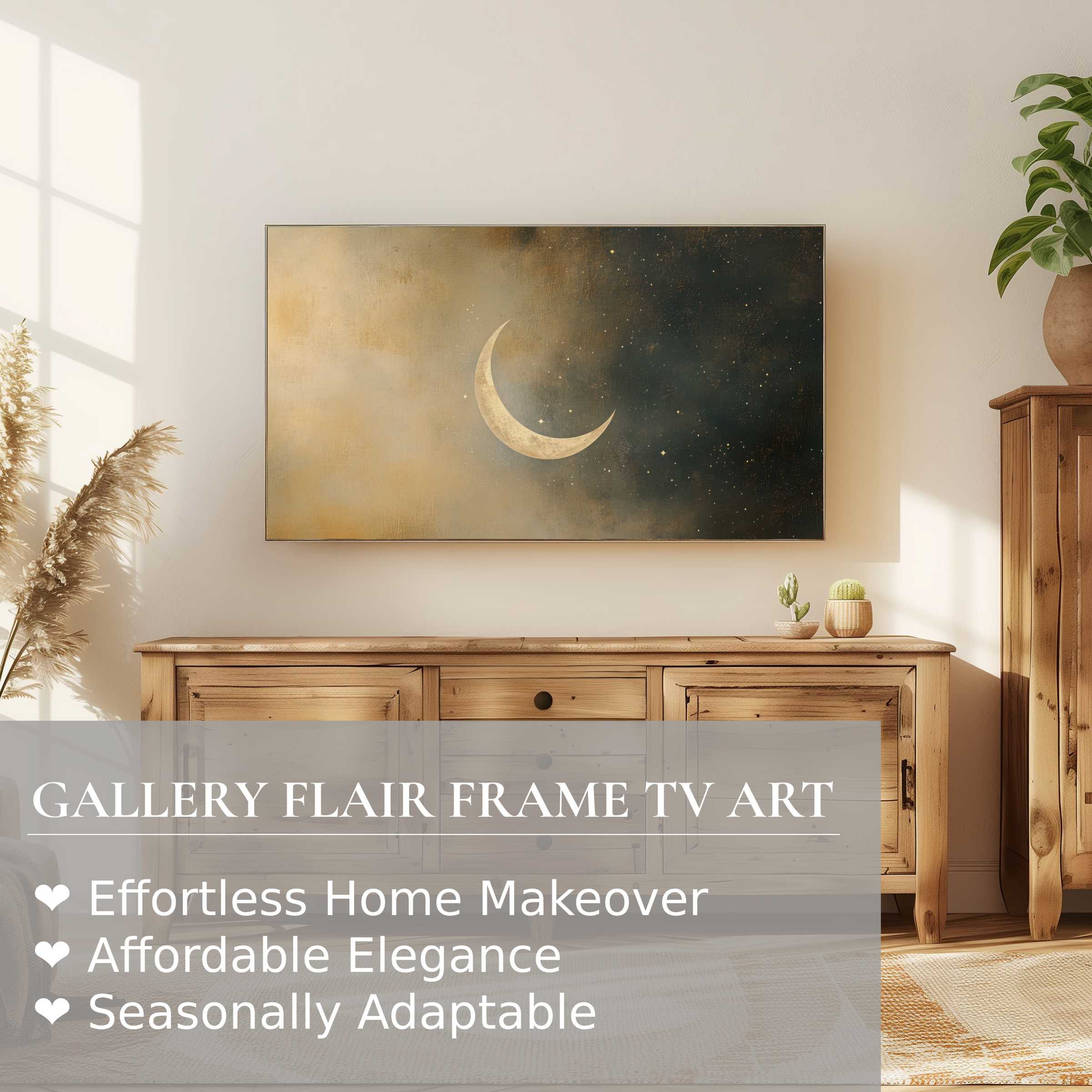 Modern living room with rustic wood furniture, neutral digital artwork of crescent moon on Samsung Frame TV