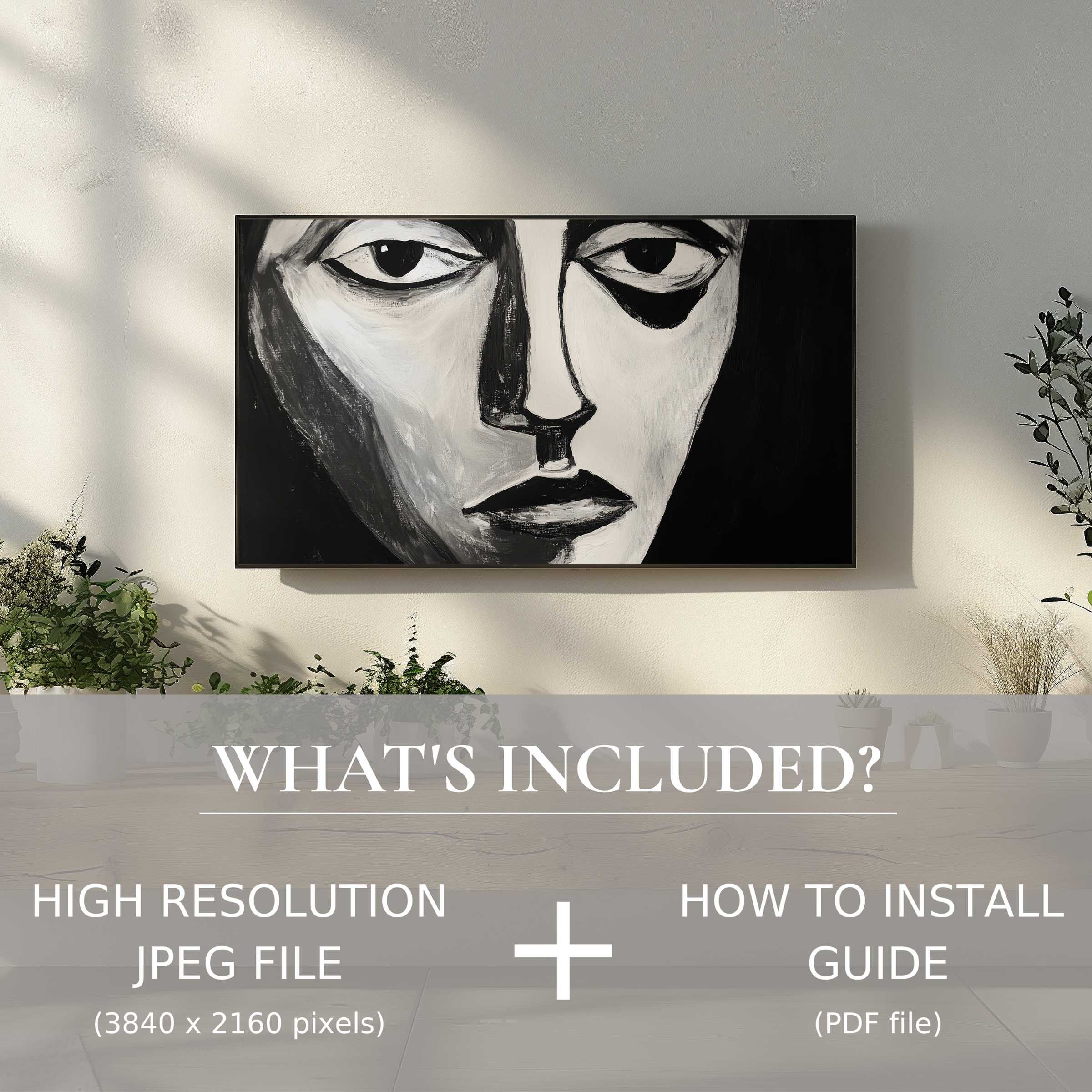 Elegant black and white digital TV art download for effortless decor upgrade, enhancing modern living spaces with style