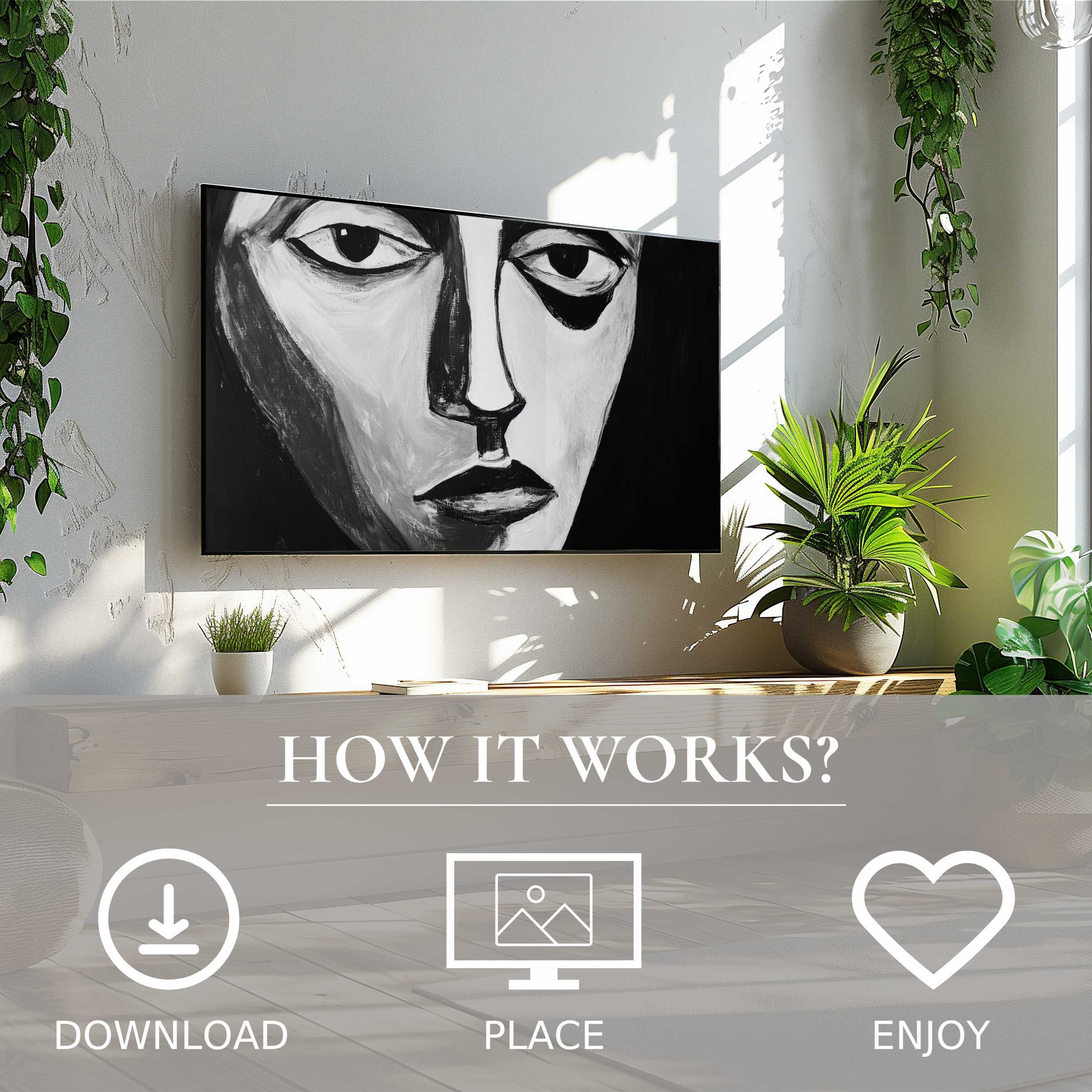 Modern living room with black and white art for Samsung TV; bold abstract face, easy digital download, elegant decor