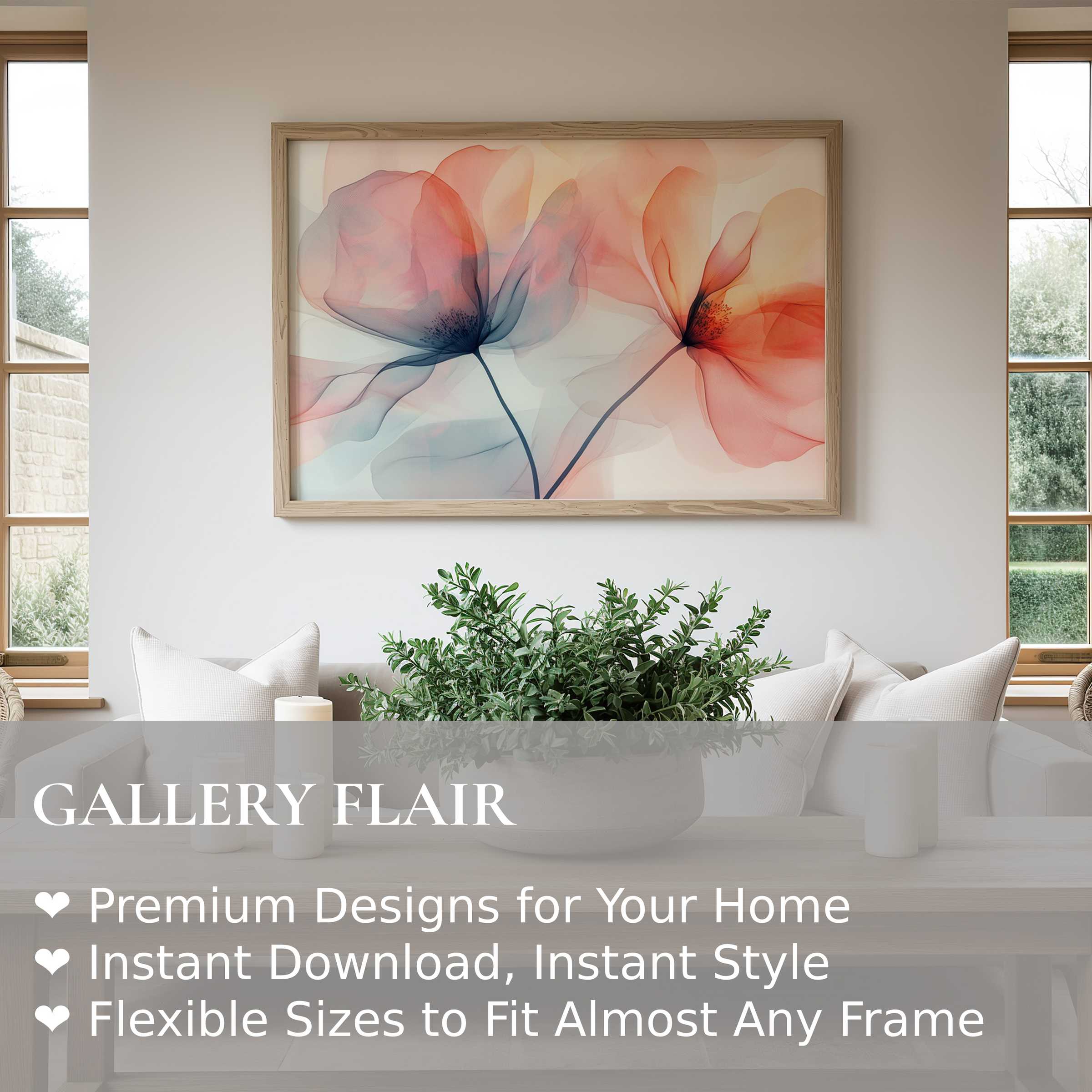 Floral wall art print featuring ethereal blossoms in soft coral and navy hues, enhancing a serene, modern living room with subtle elegance and natural charm