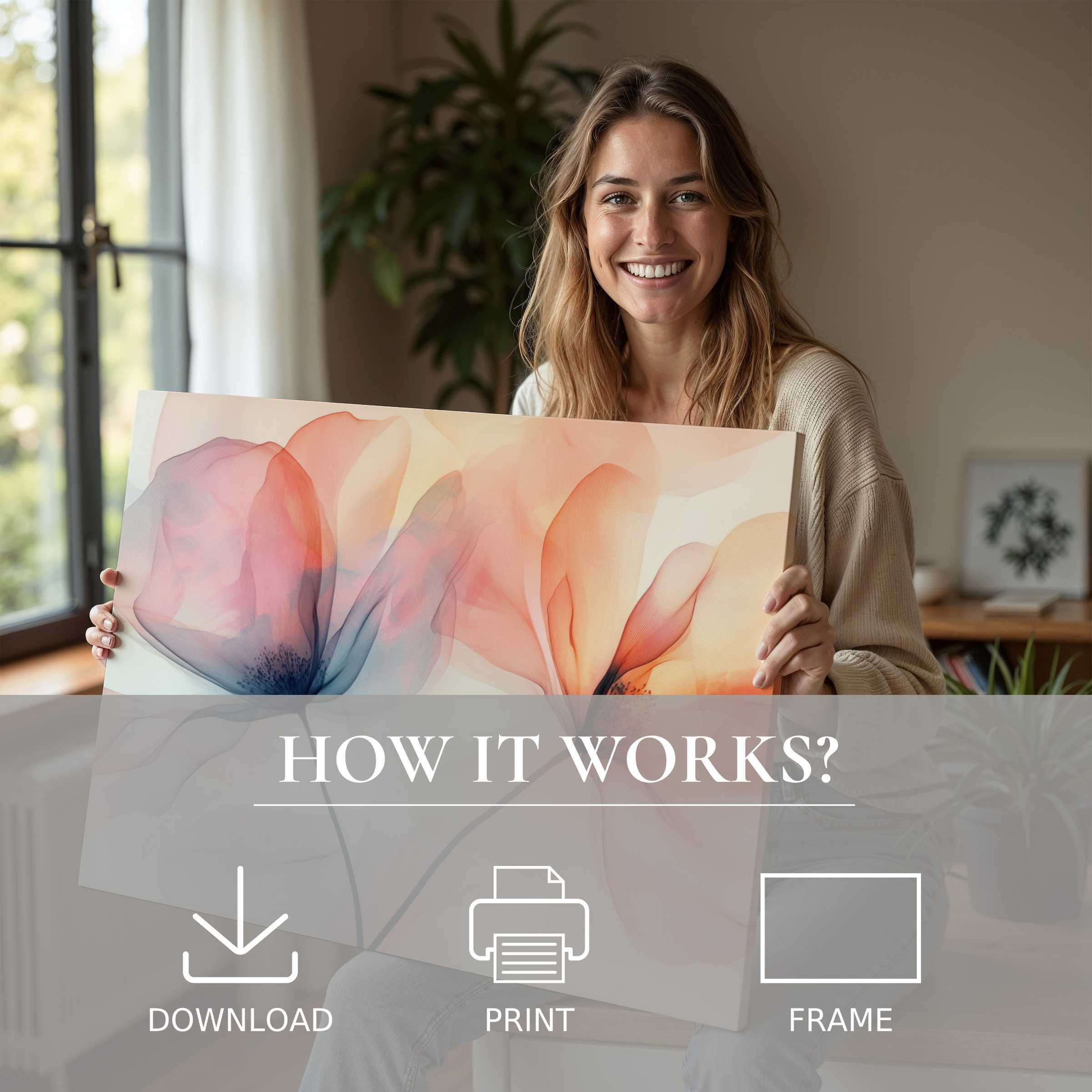 Elegant floral digital art print radiates warmth and joy, transforming modern homes with serene, effortless beauty