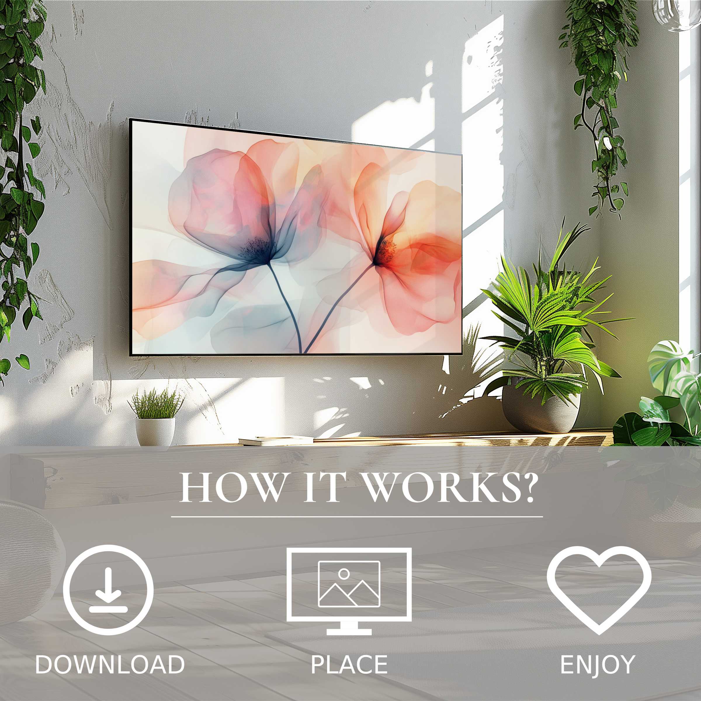 Floral art for Samsung TV shows soft sunset tones; easy digital download enriches bright, modern living spaces with abstract beauty