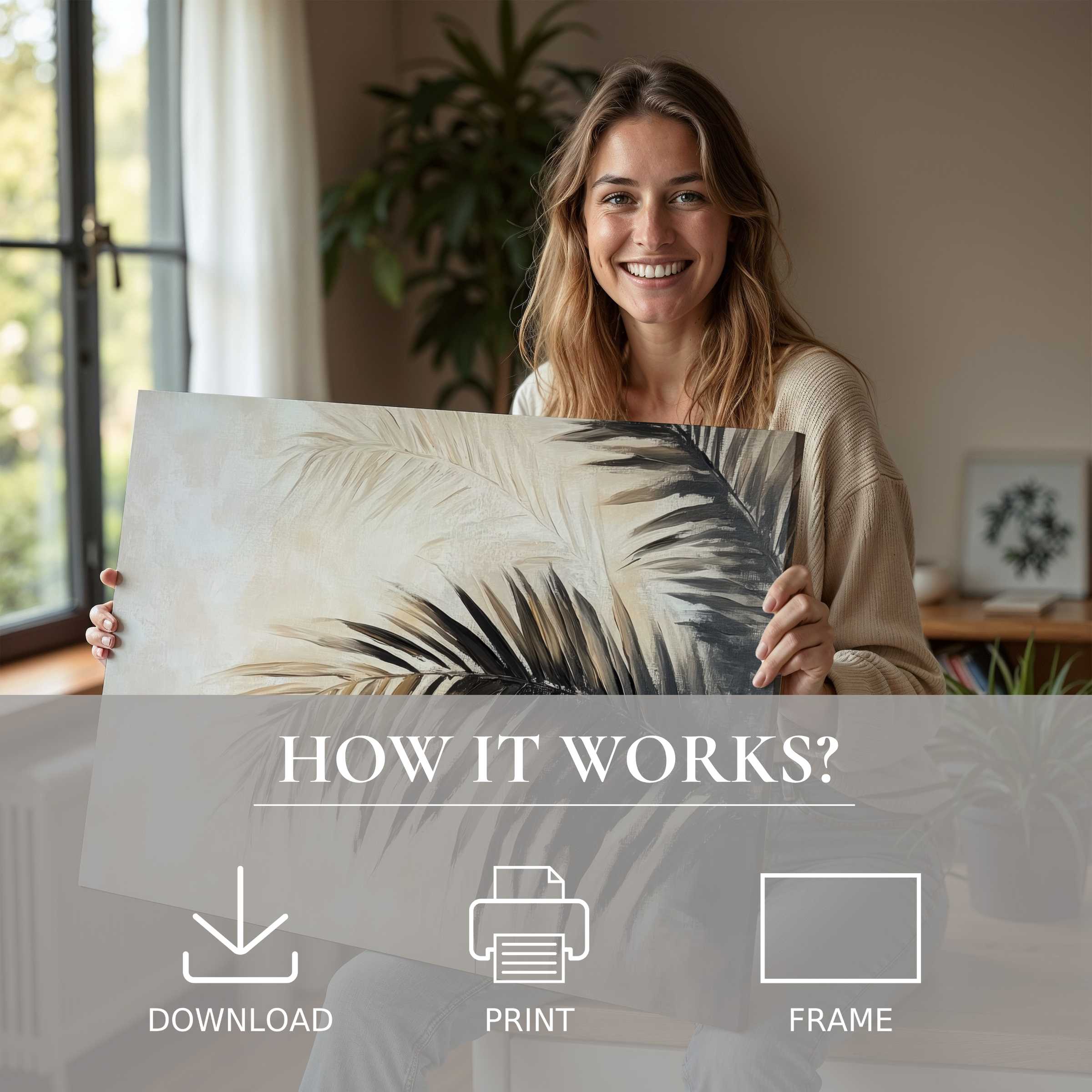 Joyful woman in a serene modern home embracing a botanical digital art print, celebrating effortless elegance in living with art