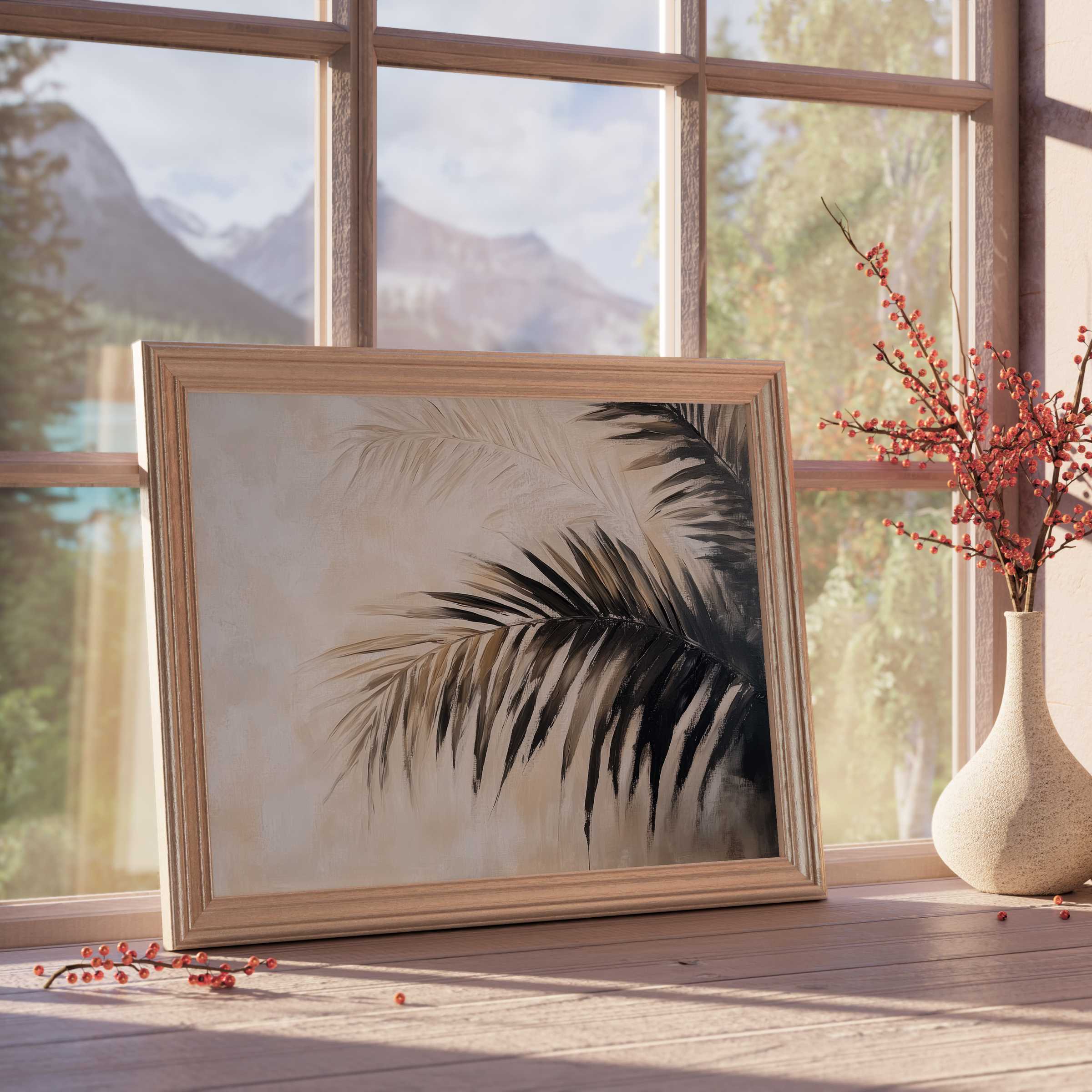 Botanical downloadable art featuring elegant palm fronds in muted tones, enriching serene, design-forward interiors with timeless calm