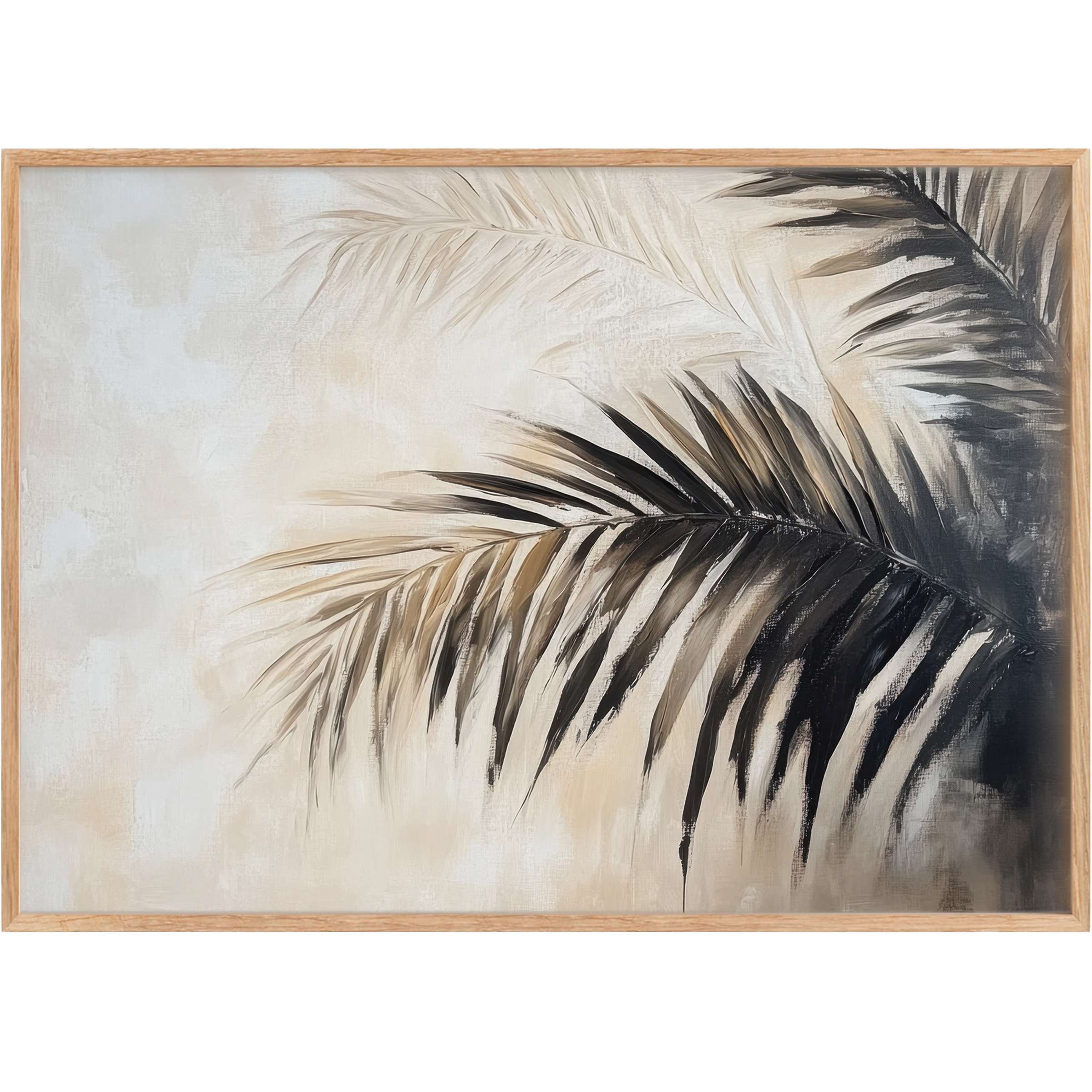 Botanical printable wall art featuring graceful palm fronds in soft beige and charcoal tones, evoking a serene, sophisticated ambience