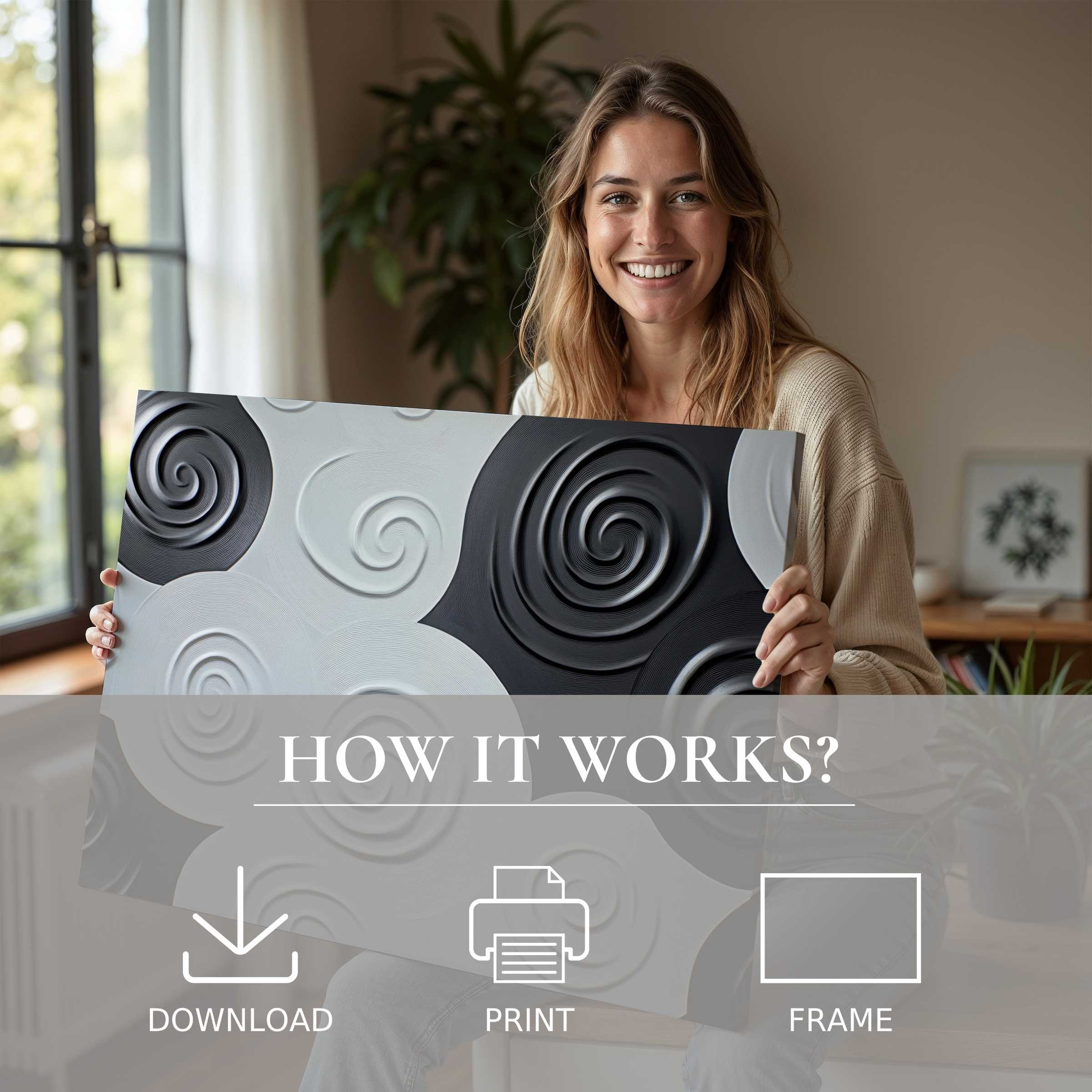 Radiant joy illuminates a serene modern home as minimalist digital art print transforms space with timeless, graceful connection