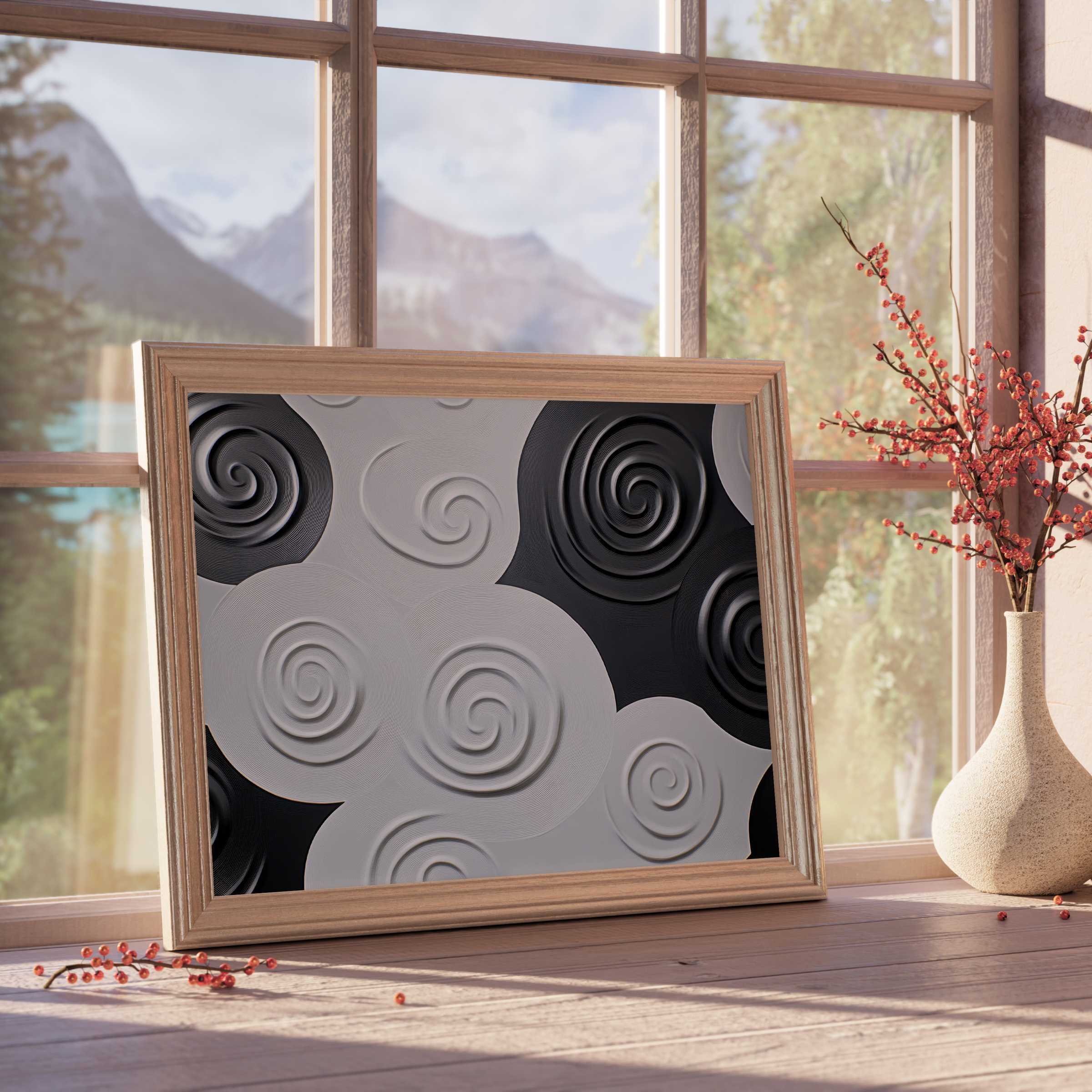 Minimalist downloadable art with elegant gray and black spirals, enhancing tranquil, curated interiors with timeless, sophisticated charm