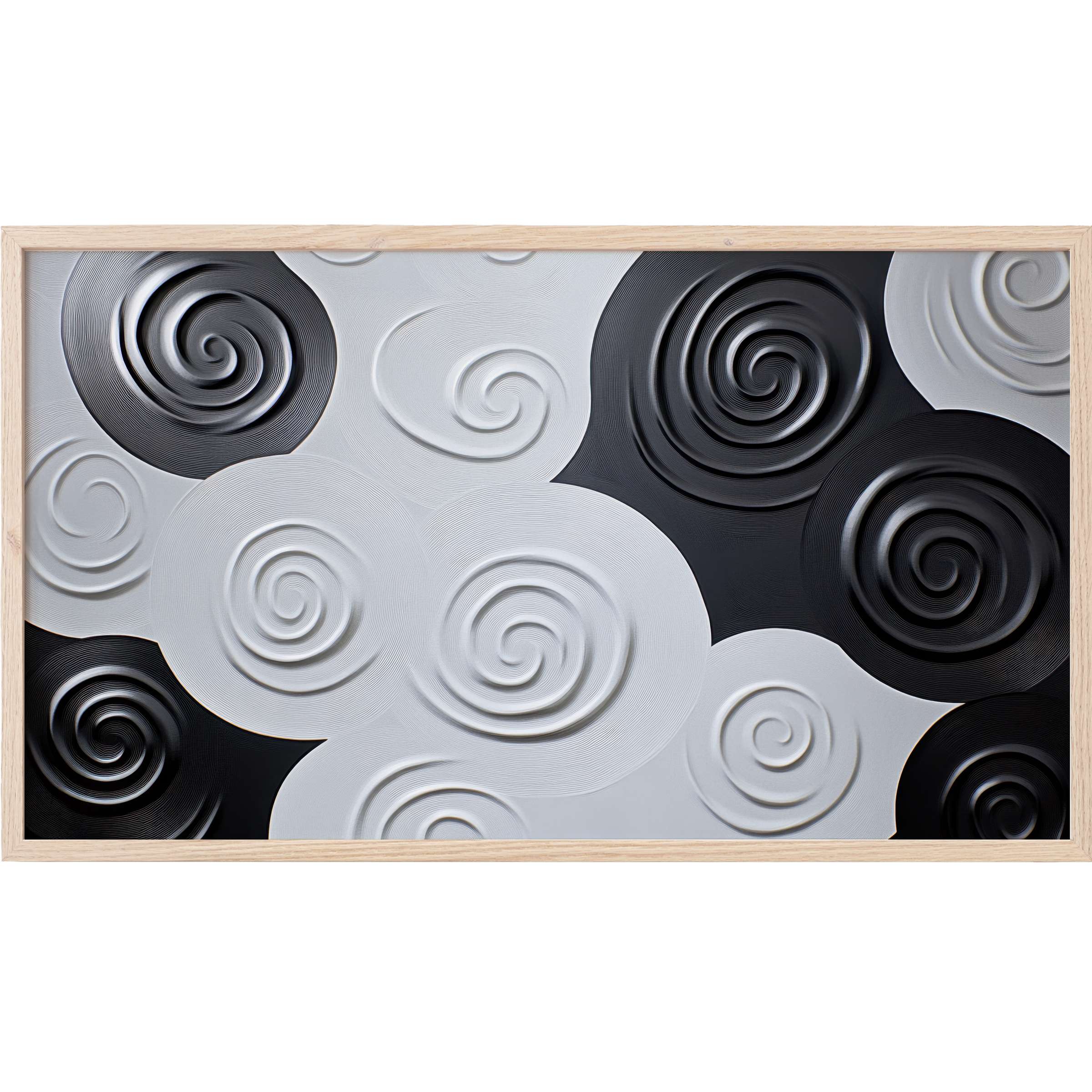 Minimalist Frame TV Art with embossed black and white spirals, textured layers, and a natural wood frame