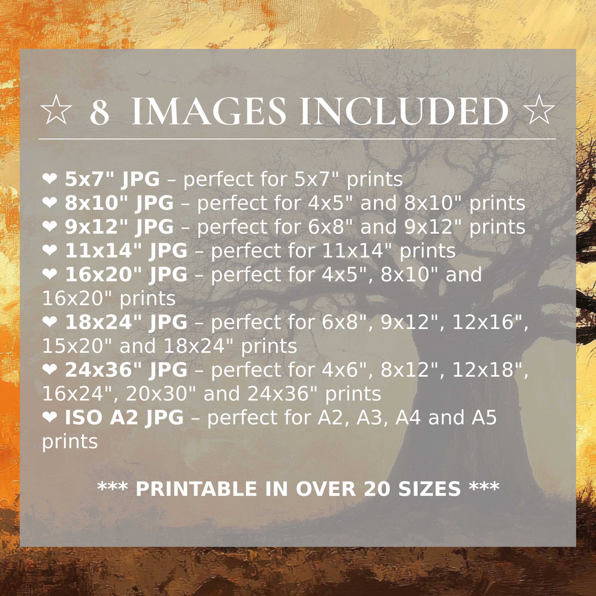 Print size guide showing 8 included JPG formats for versatile wall art printing – perfect for framing in popular sizes from 5x7 to 24x36 and A2