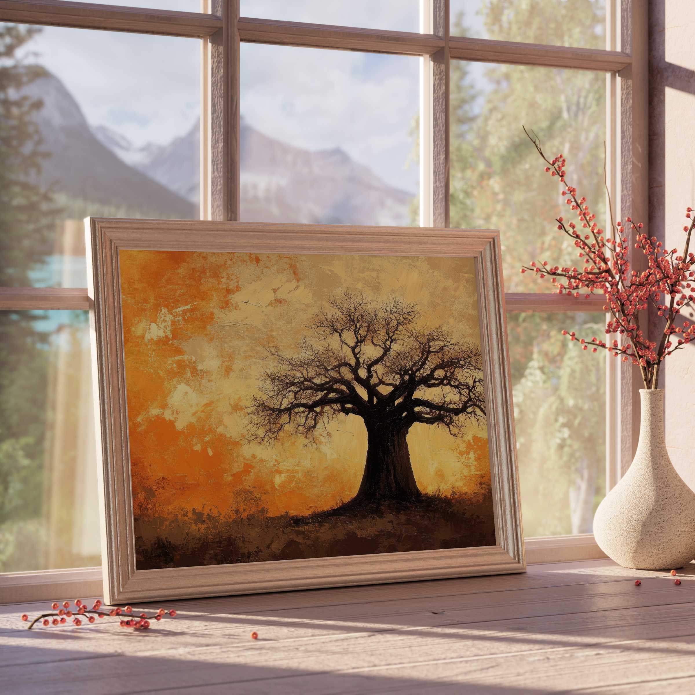 Tree downloadable art glowing with warm amber hues, enriching tranquil, curated interiors with elegant, nature-inspired charm