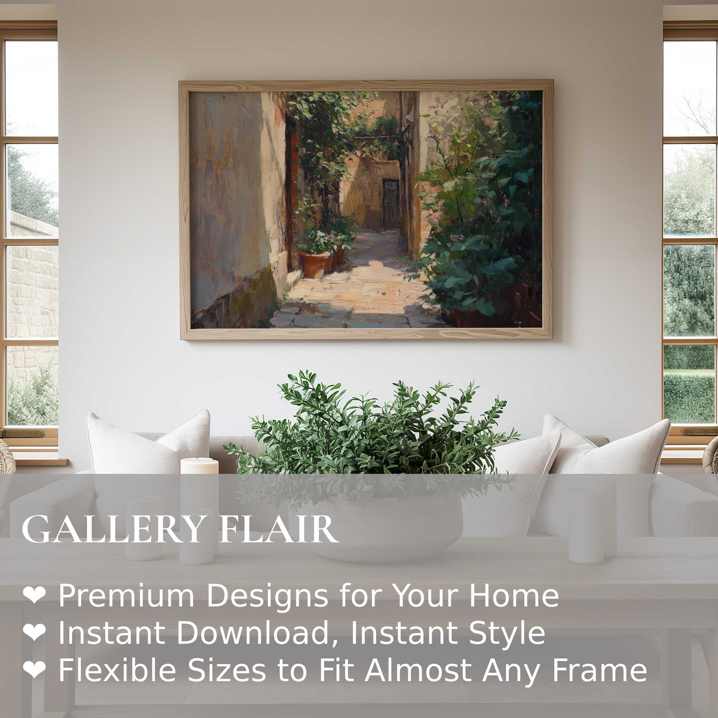 Urban art wall art print capturing a sunlit courtyard with lush greenery, evoking serene warmth in a modern, minimalist living space