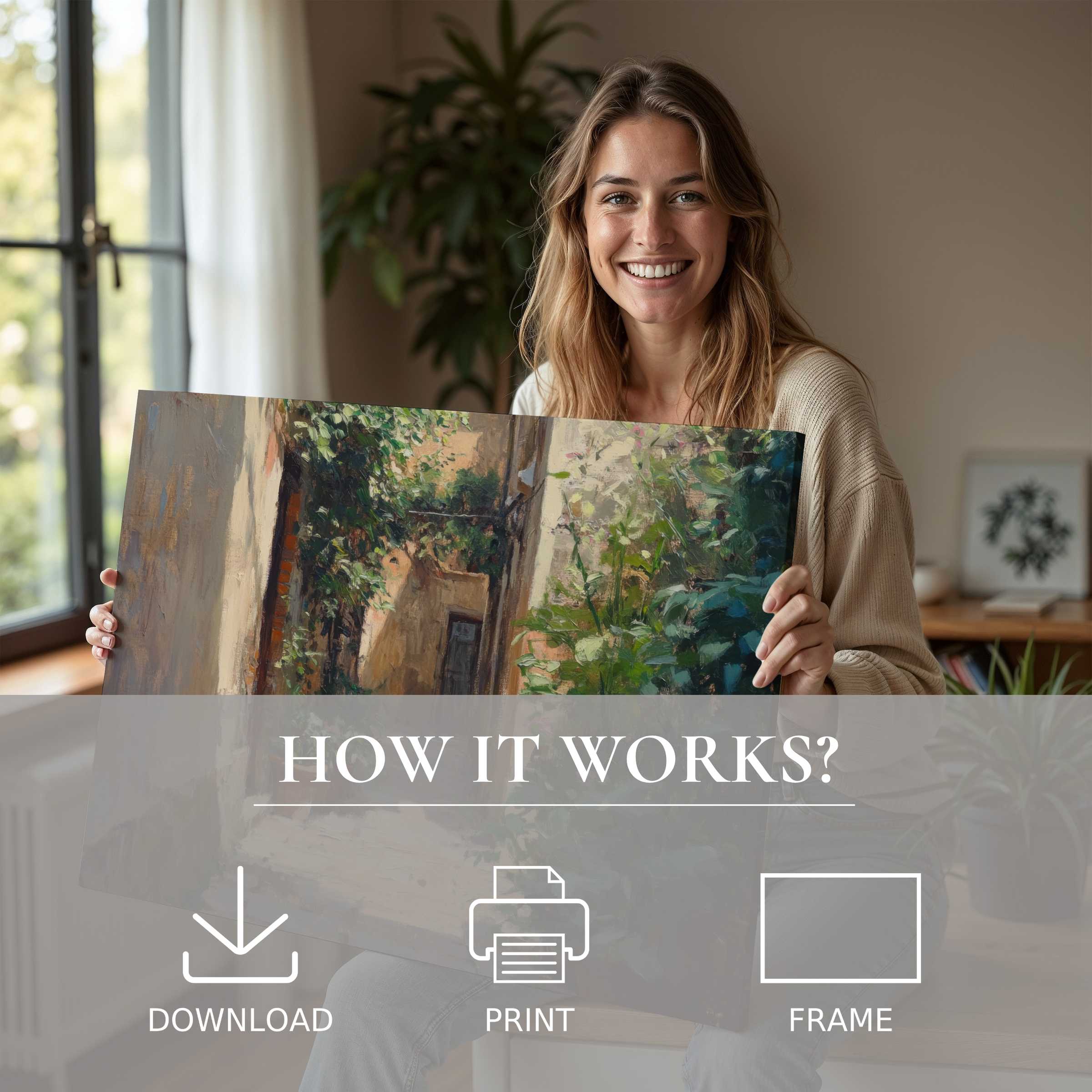 Radiant urban digital art print embraced in a modern home, revealing the serene joy of effortless art living