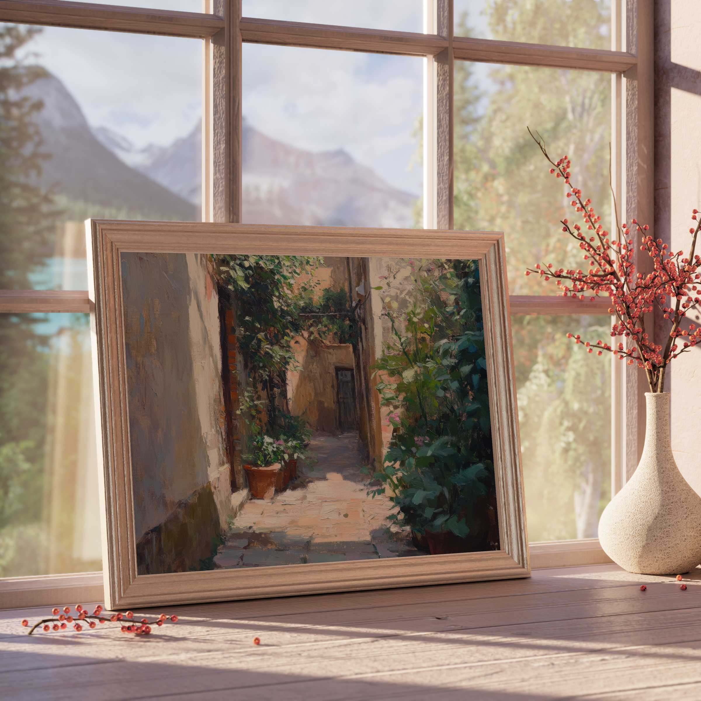 Urban downloadable art capturing a sunlit, serene alleyway framed by lush greenery, perfect for curated, tranquil spaces