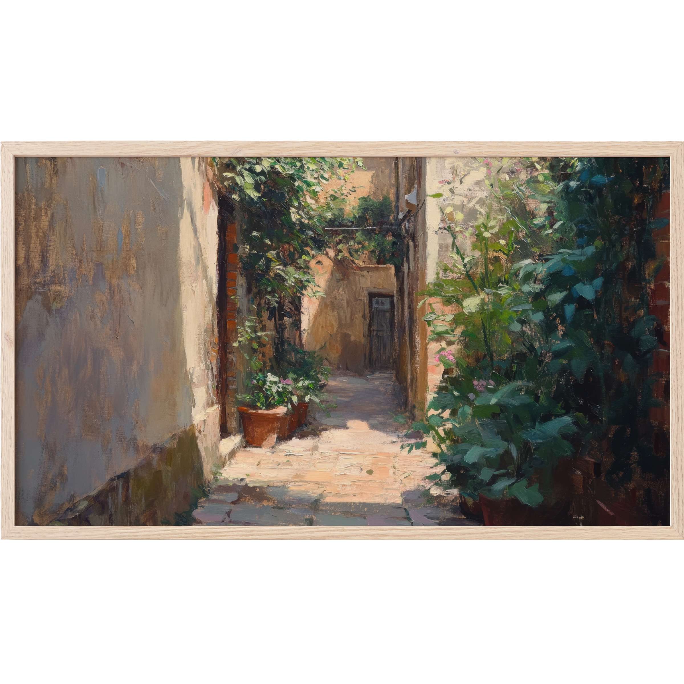 Sunlit rustic alley with lush greenery, warm earth tones, and soft shadows in urban Frame TV Art style