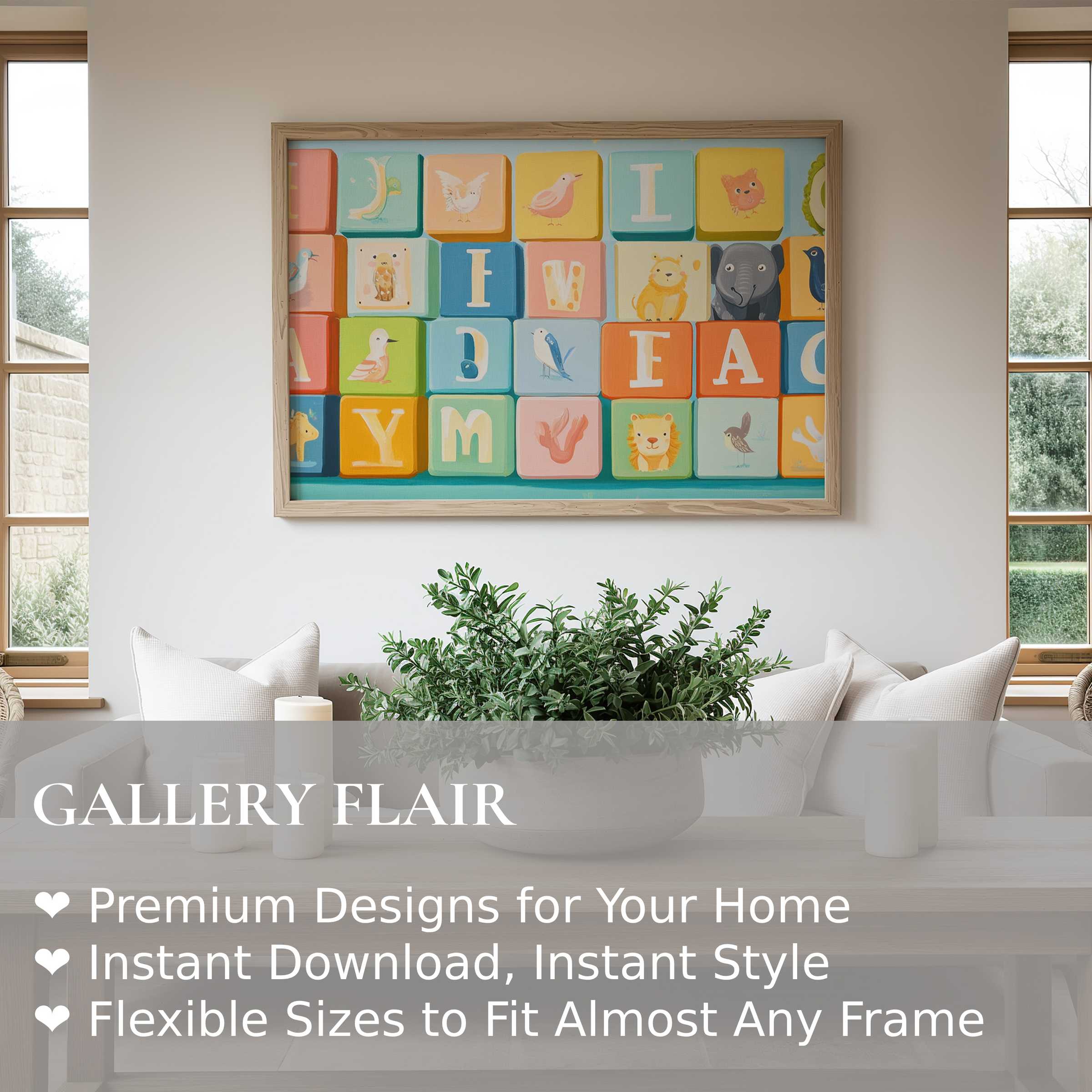Nursery wall art print with vibrant pastel alphabet blocks and playful animals, enhancing a serene, modern nursery space with warm charm