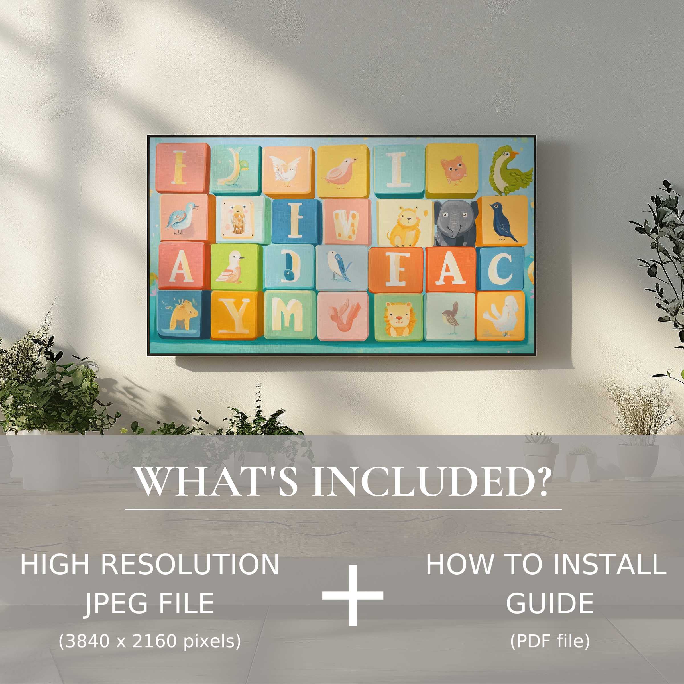Stylish nursery digital TV art download with easy digital use elevates any modern living space with charming animal blocks