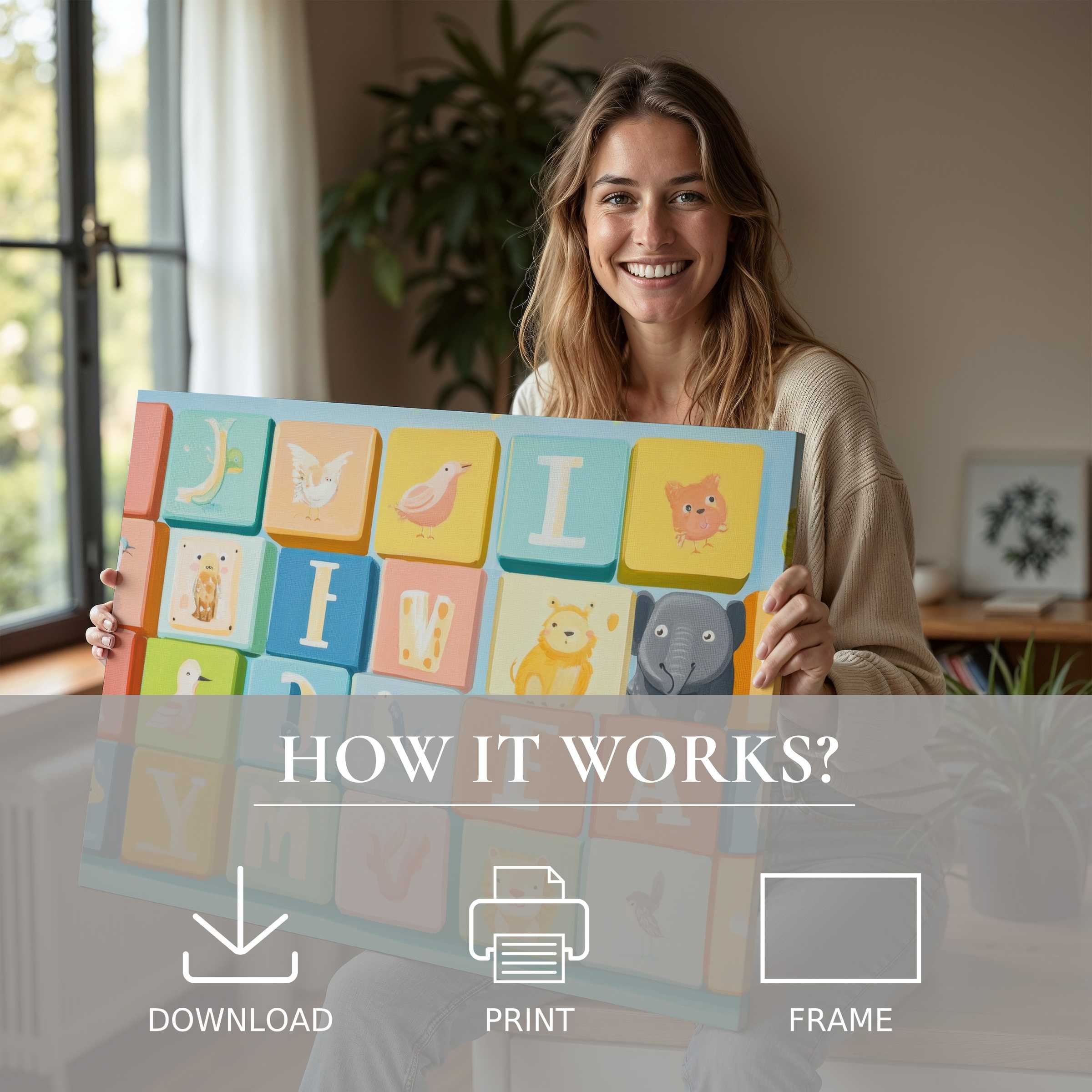 Joyful woman sharing a nursery digital art print, bringing warmth and playful charm to a modern, stylish home