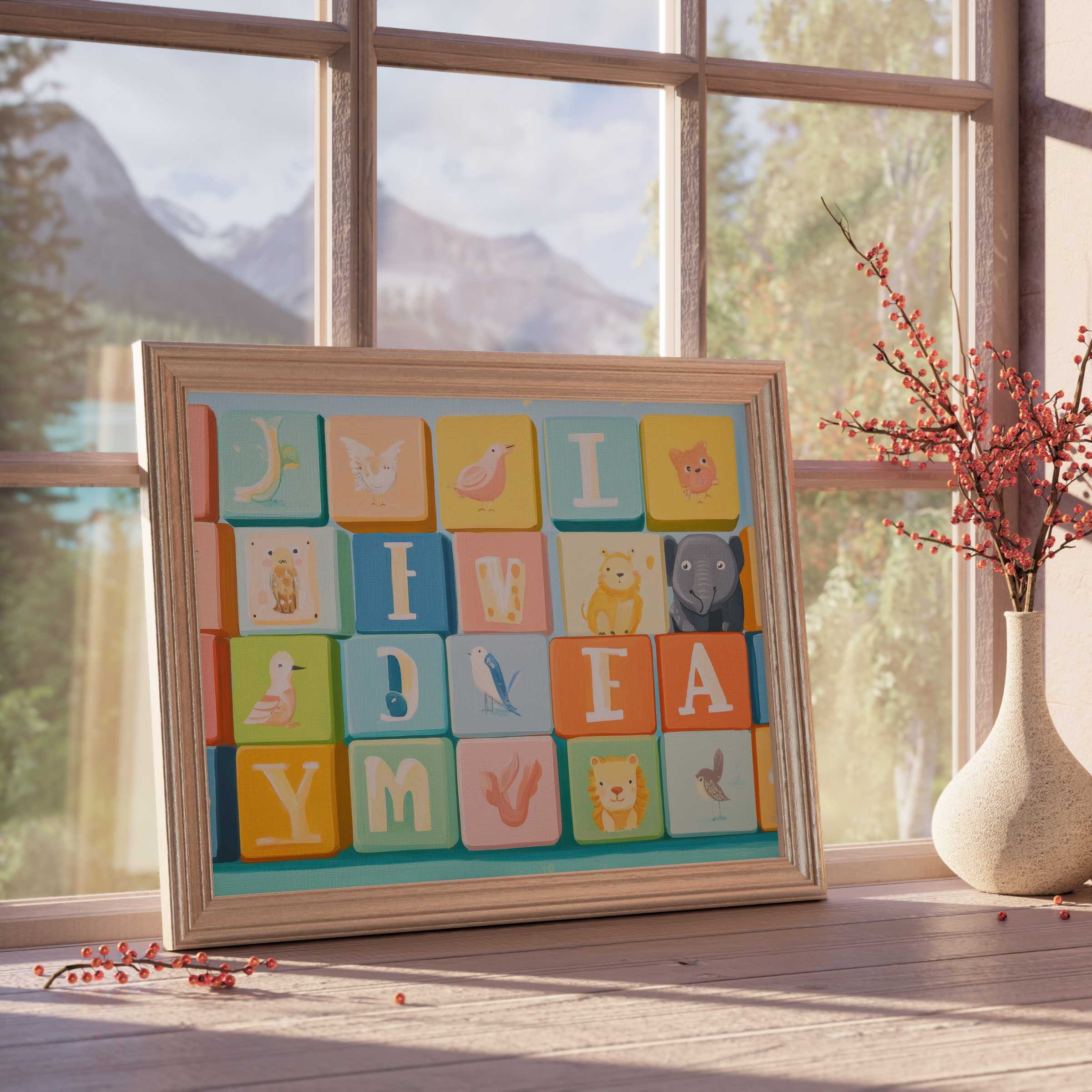 Charming nursery downloadable art with pastel animal blocks, creating a serene, curated ambiance for stylish, tranquil interiors