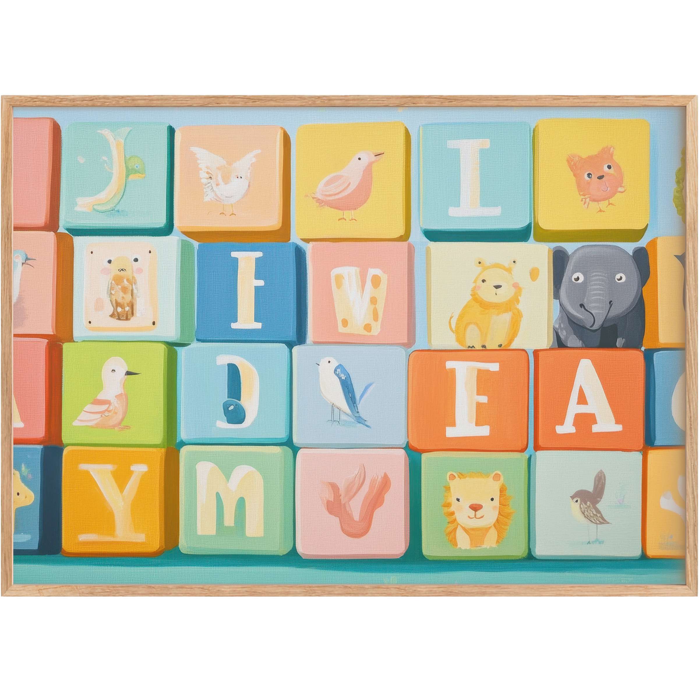 Whimsical nursery printable wall art featuring pastel alphabet blocks and charming animals in soft blues, pinks, and yellows for a joyful, serene vibe